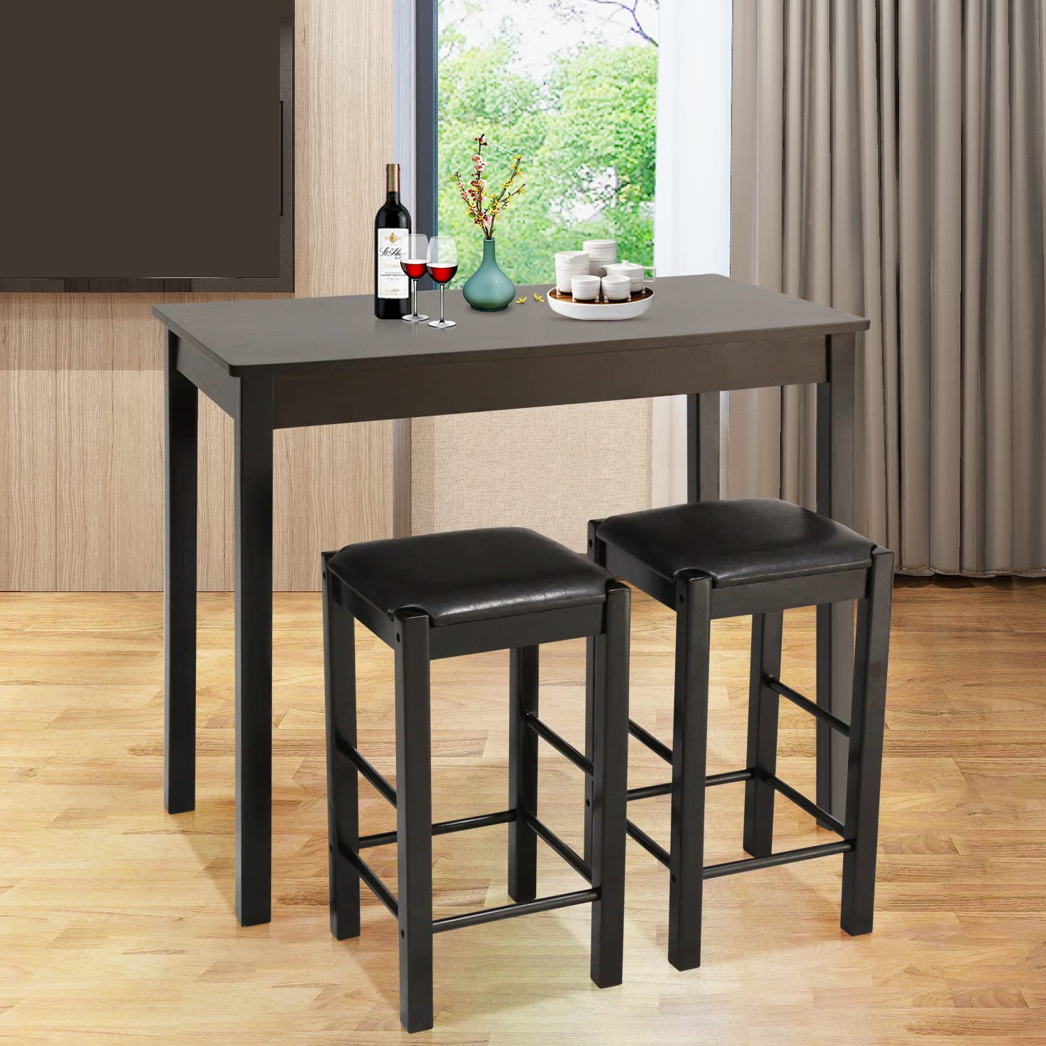 Compact 3-Piece Counter Height Dining Table Set with 2 Faux Leather Bar Stools - Small Space Kitchen & Breakfast Nook Furniture for 2, Brown - Perfect for Apartments, Condos and Cozy Dining Areas