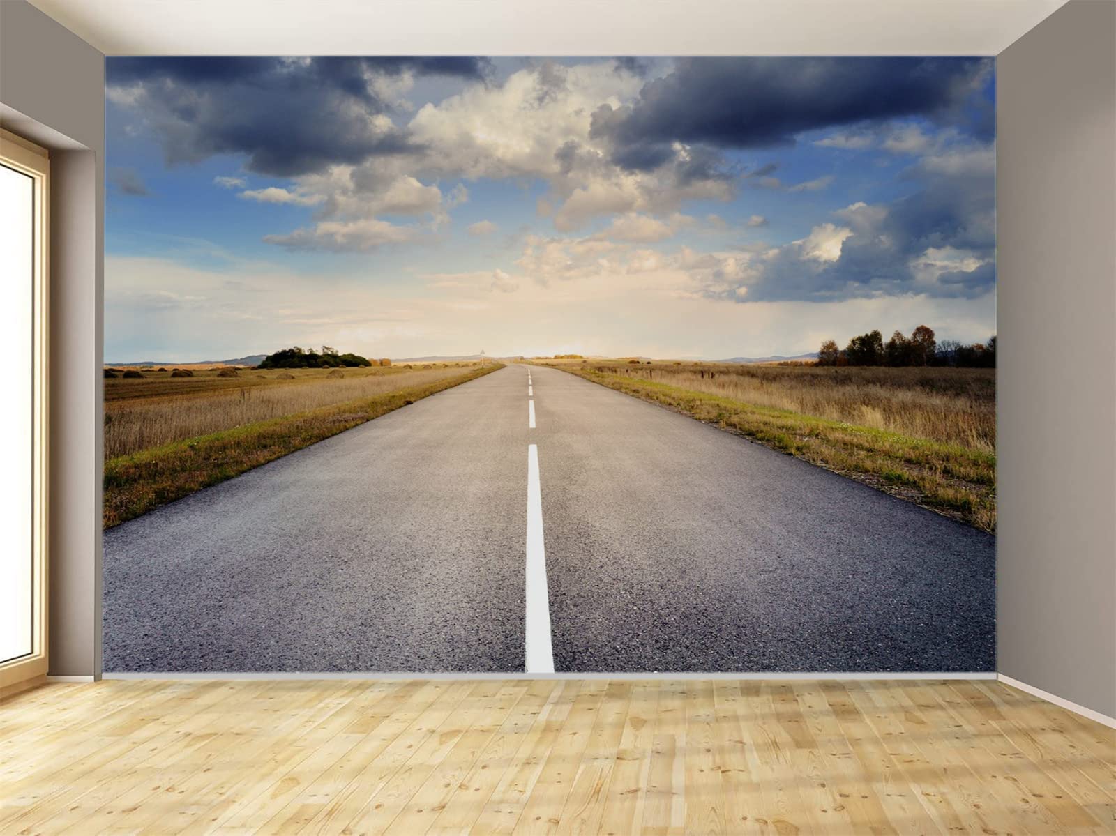 Wide View Highway Sky Grass Wall Mural - Large Removable Wall Art Decor for Living Room & Bedroom - 170