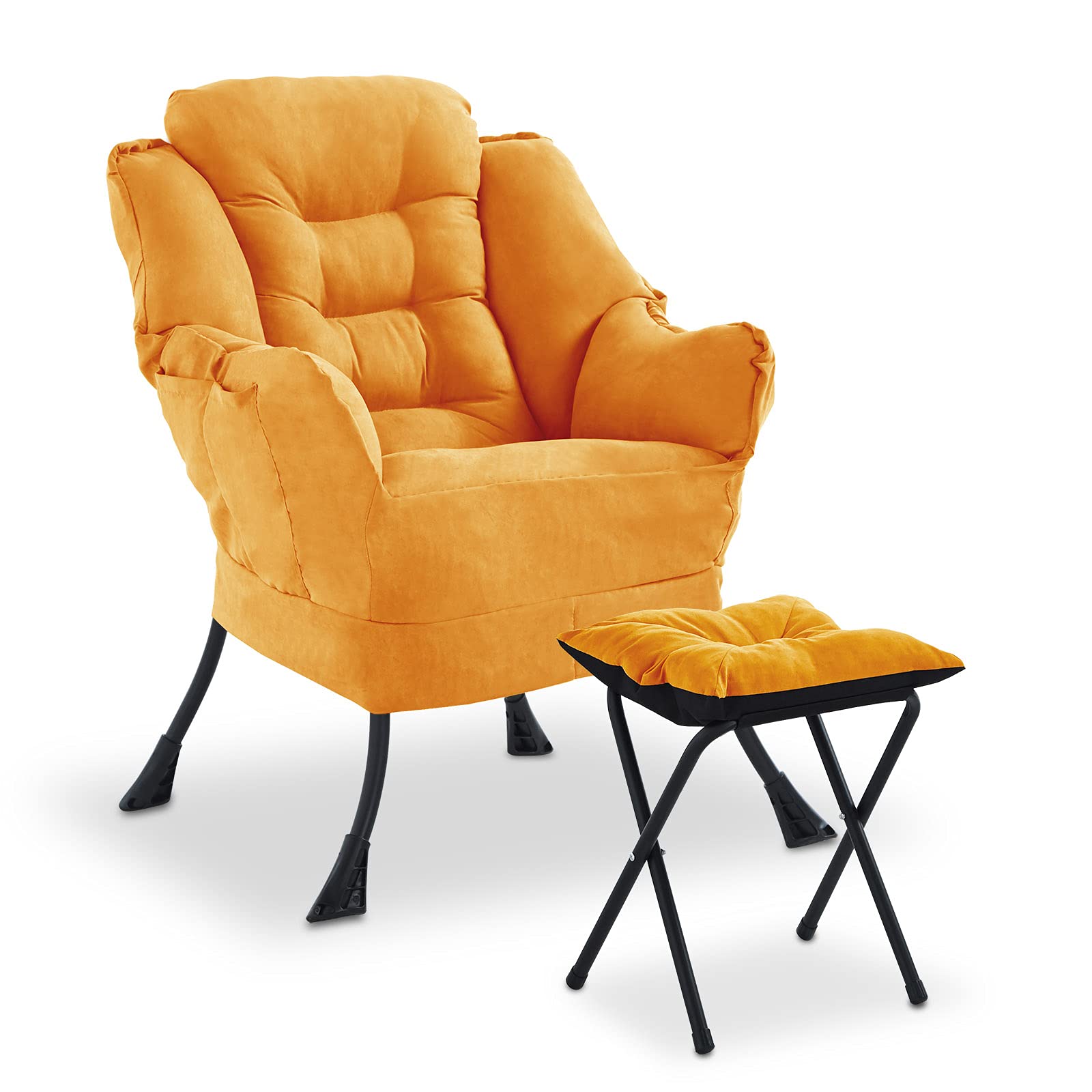 Modern Lazy Chair Single Sofa with Bench - Comfy Armchair Soft Lounge Accent Chair with Footstool, Side Pockets & Thick Cushion for Living Room, Bedroom, Office (Yellow) | Perfect for Relaxing, Reading & Napping at Home