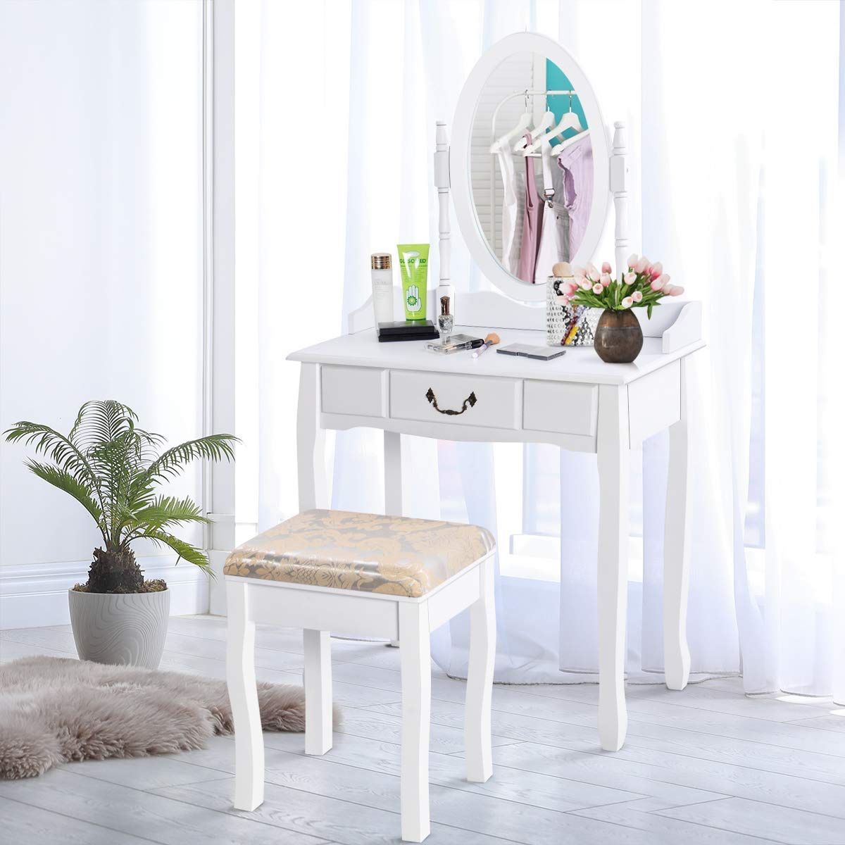 360° Rotating Makeup Vanity Table with Cushioned Stool - Solid Wood & MDF Beauty Dressing Table with Pull-Out Drawer & Bronzed Handles - Perfect for Daily Makeup, Skincare & Hair Styling at Home