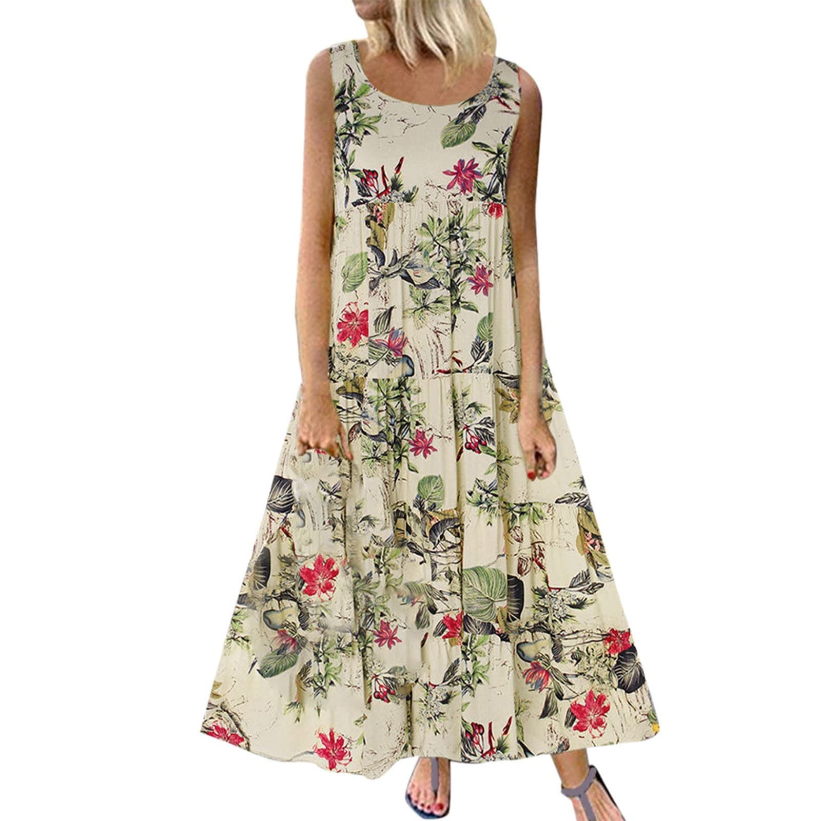 Women's Floral Printed Casual Summer Dress - Round Neck Sleeveless Long Maxi Dress for Beach, Vacation & Outdoor Activities