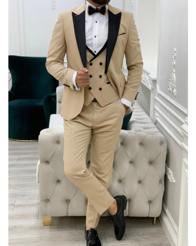 Custom Black Satin Peak Lapel Beige/Champagne Wedding Groom Suit & Tuxedo 3-Piece Set (Jacket + Vest + Pants) CB1116 - Perfect for Formal Weddings, Prom, Black Tie Events & Special Occasions