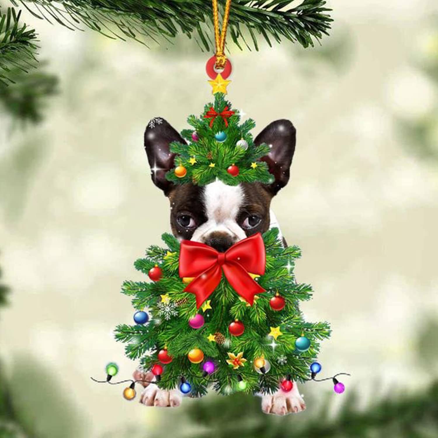 Boston Terrier Christmas Ornaments - 10-Piece Mica Plastic Xmas Tree Decorations for Home, Car & Mirror Hanging | Festive Holiday Dog Lover Gifts & Pet-Themed Decor
