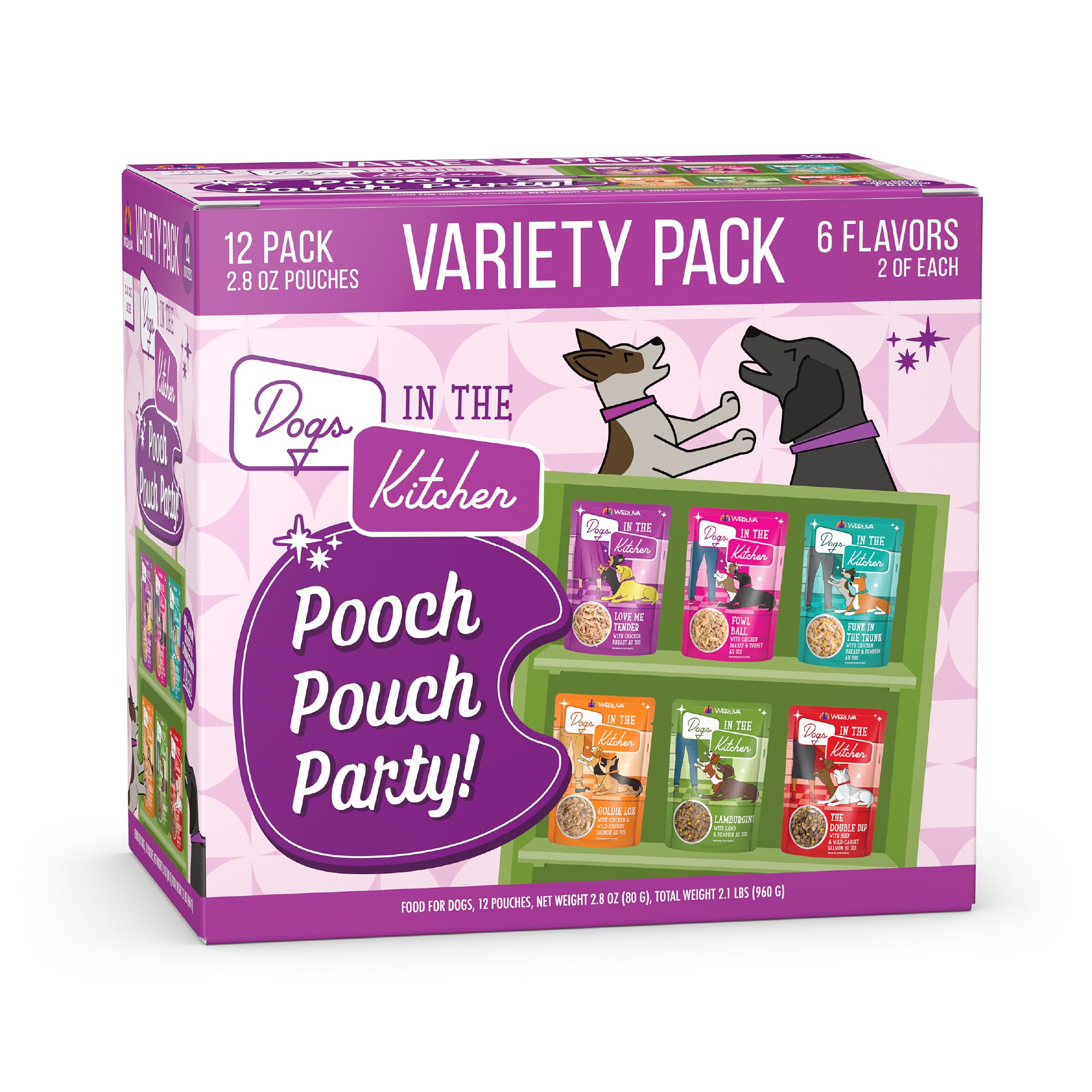 Weruva Dogs in The Kitchen Variety Pack - Pooch Pouch Party! Wet Dog Food for Small & Medium Breeds, 2.8Oz Pouches (Pack of 12) - Perfect for Travel, Training Treats & On-The-Go Meals