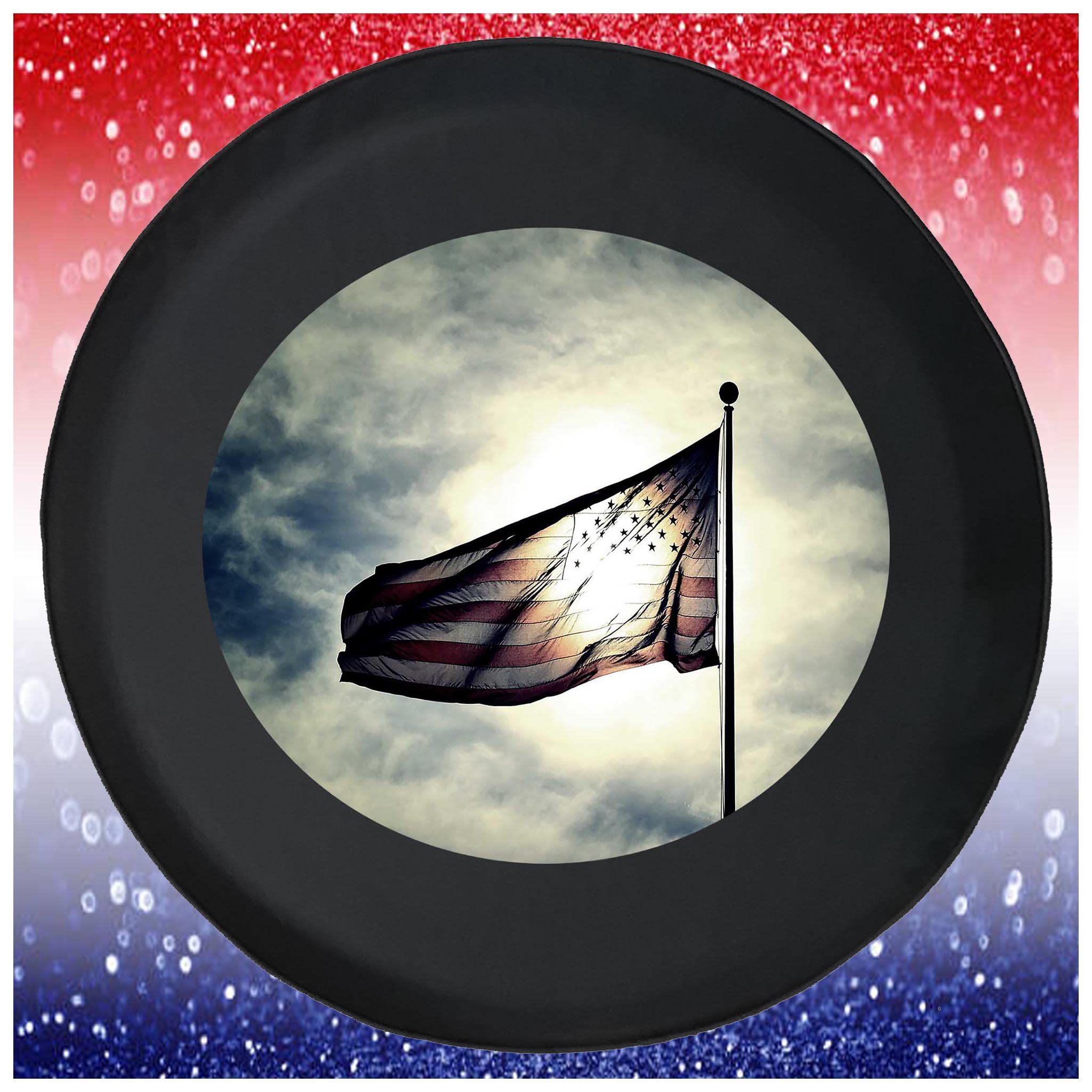 28 Inch USA Waving American Flag Black Spare Tire Cover for Trailers, Trucks, SUVs & RVs - Durable Waterproof Accessory for Camping, Off-Roading & Outdoor Adventures