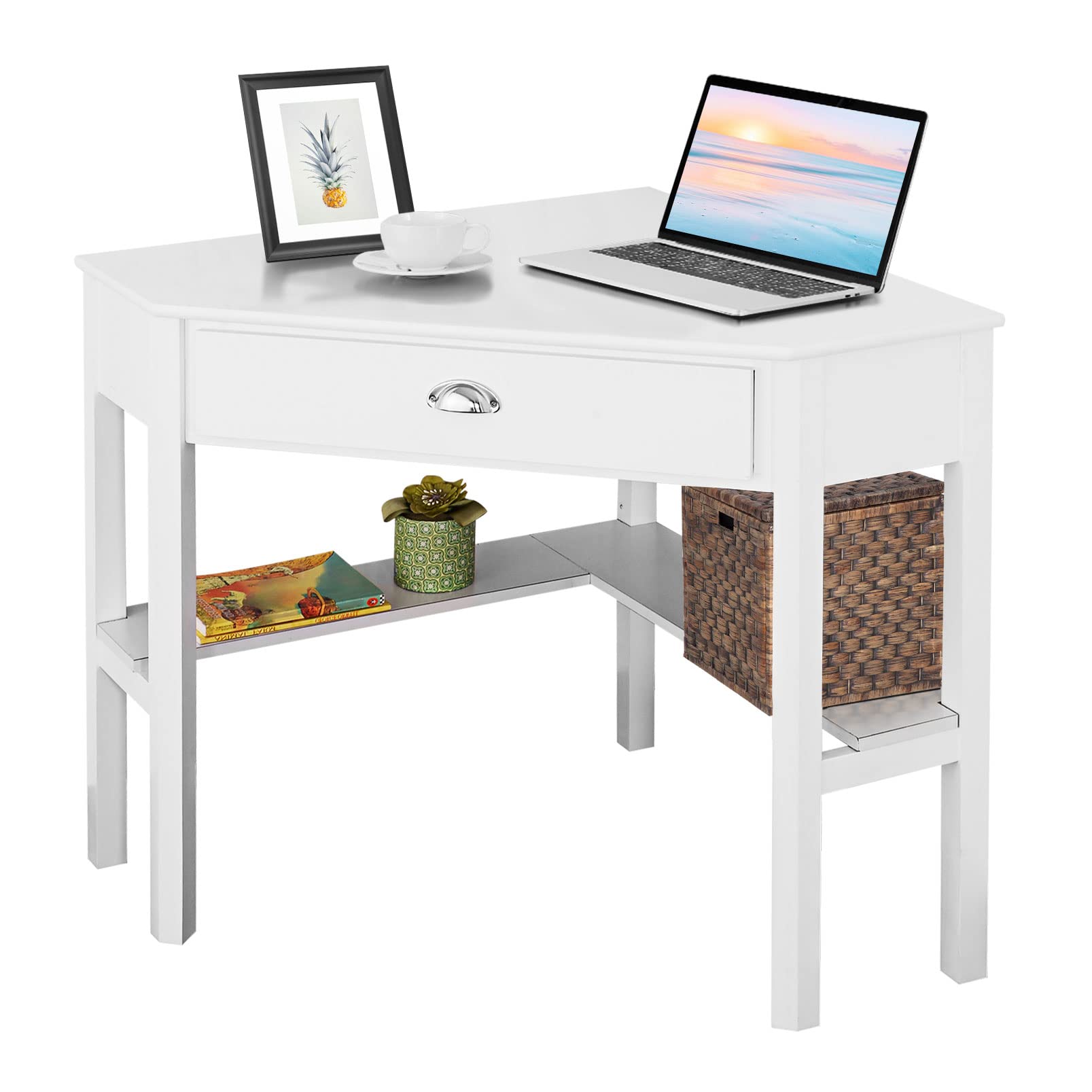 LDAILY White Corner Desk - Compact Triangle Makeup Vanity & Writing Desk with Storage Shelves & Drawer, Space-Saving Computer Desk for Small Bedroom or Home Office - Perfect for Makeup, Studying, and Remote Work