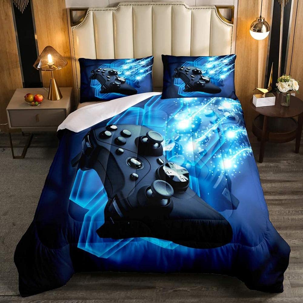 3D Printed Gaming Comforter Set Queen Size - Video Game Controller & Joystick Design Bedding for Teens, Boys & Girls - Includes 1 Duvet Cover & 2 Pillowcases (Full/Twin/King) - Perfect for Gamer Bedrooms, Sleepovers & Esports Themed Rooms