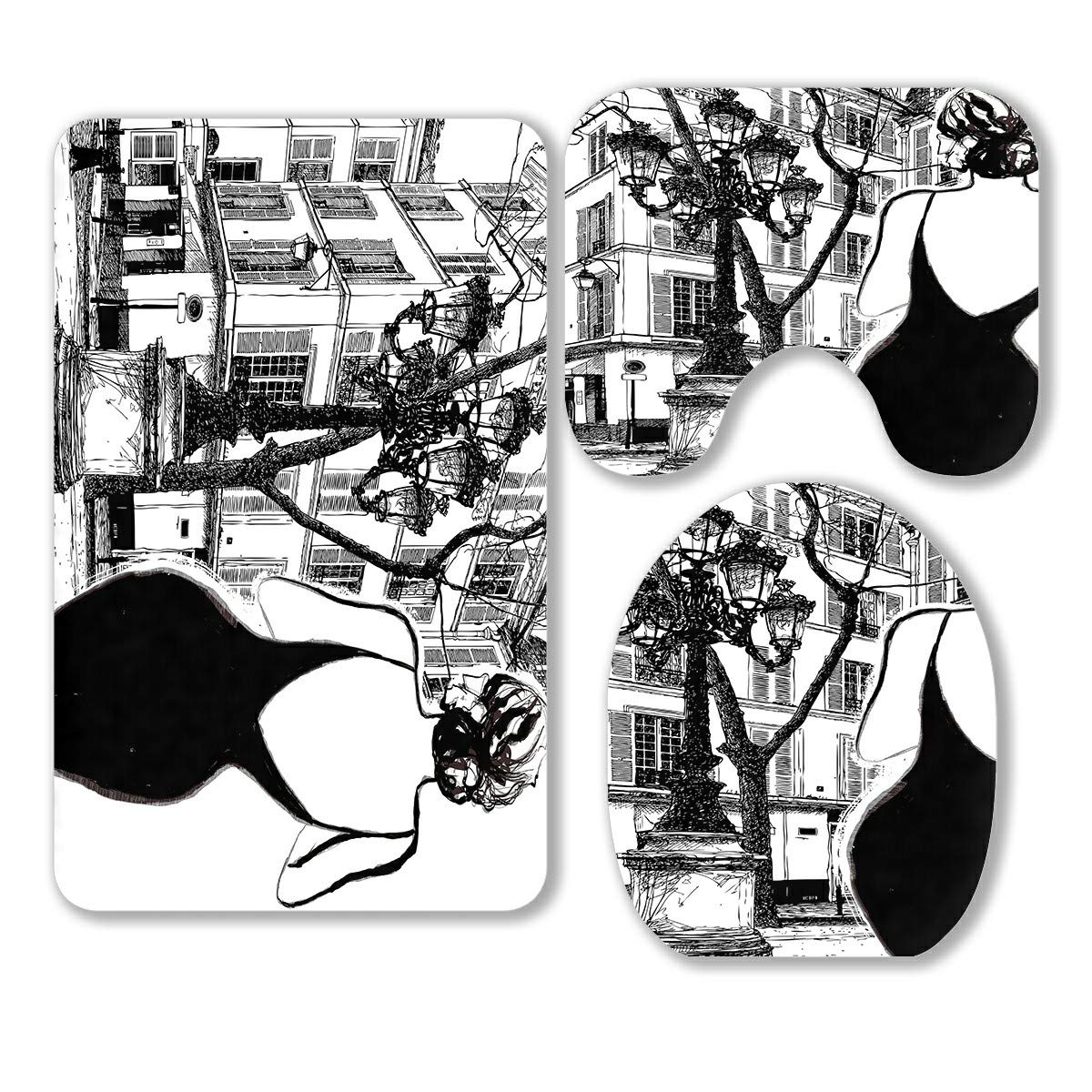 ABPHQTO Elegant Black Dress for Women | Paris-Inspired 3-Piece Bathroom Rug Set with Contour Mat & Toilet Lid Cover | Soft & Absorbent for Master Bath, Guest Bath, or Apartment