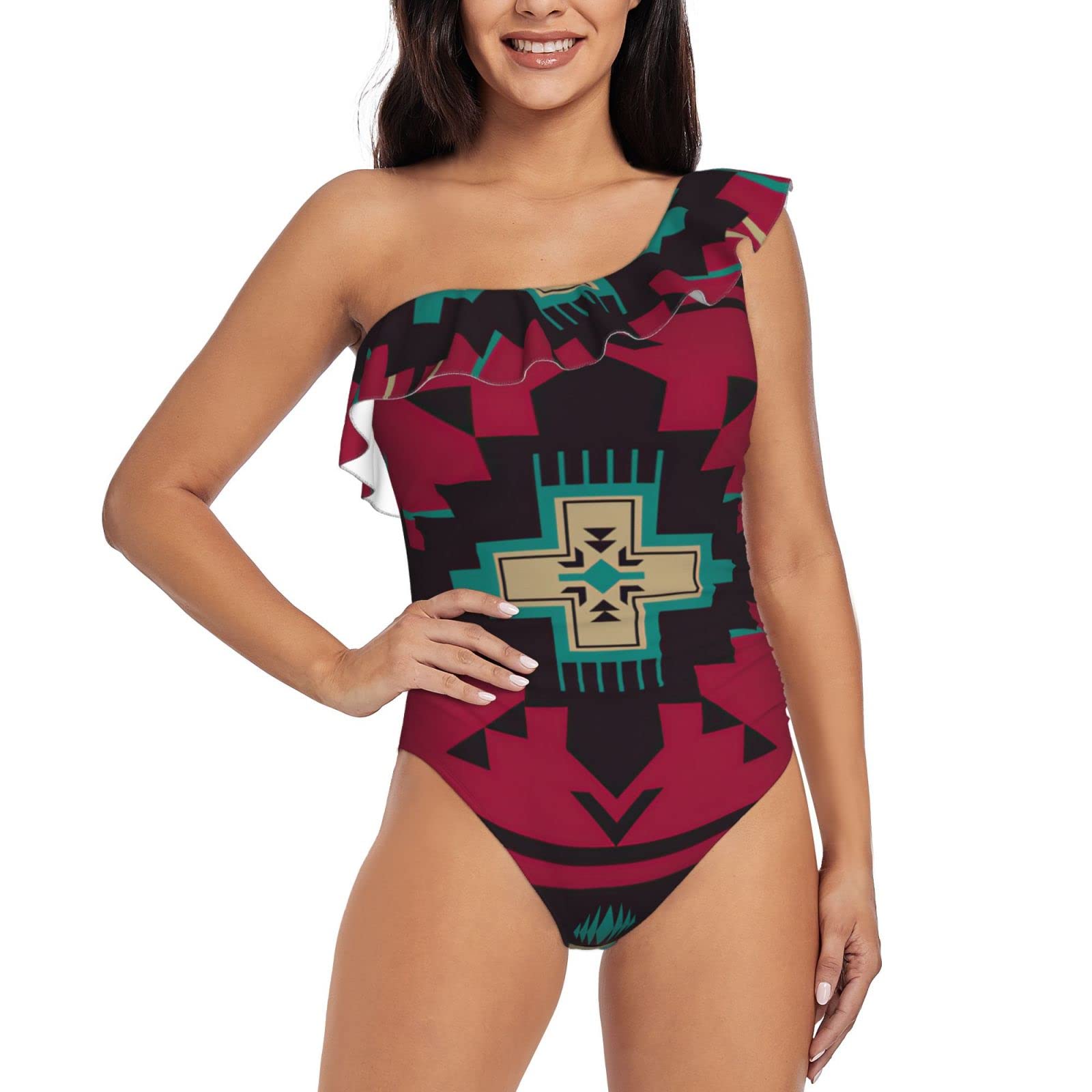 Women's One Shoulder Asymmetric Ruffle Monokini Swimwear - Southwest Style One Piece Bathing Suit for Beach, Pool & Vacation