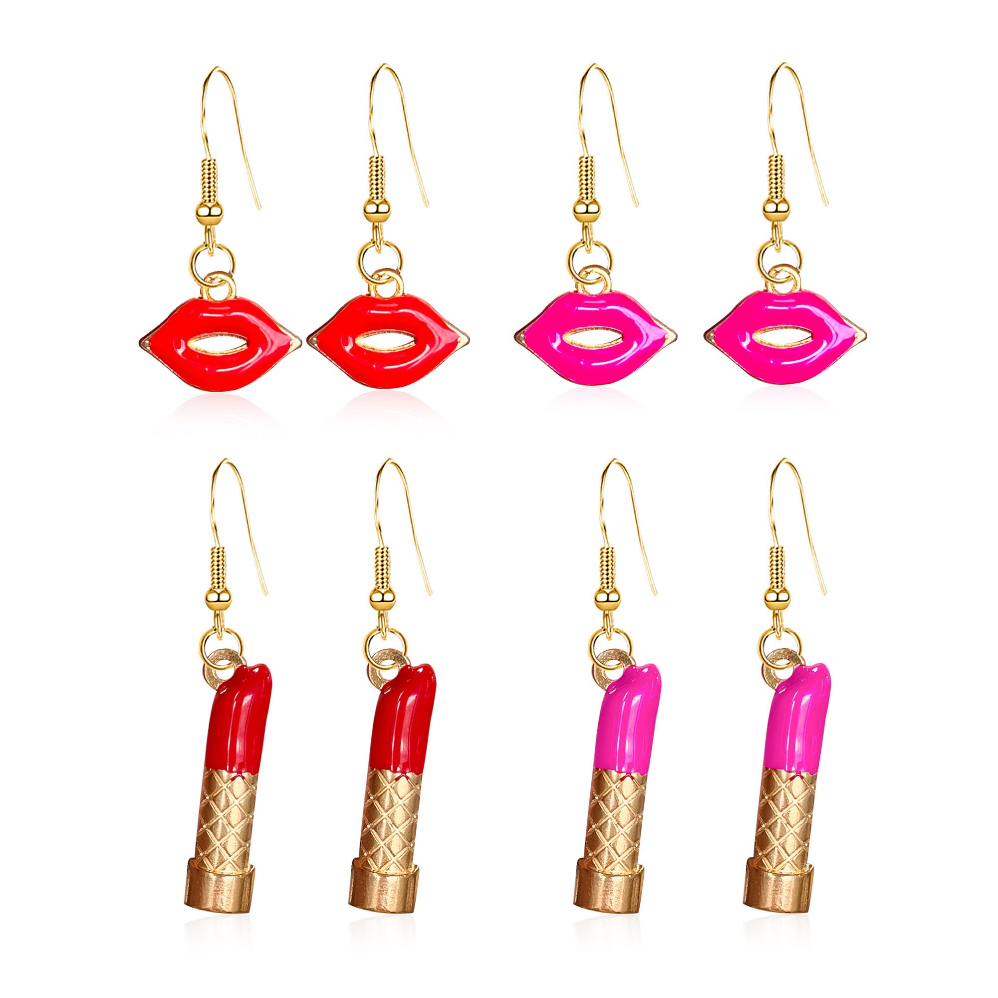 4 Pairs Red Lipstick Kissing Lips Earrings - Stylish Makeup Artist Jewelry Gift Set for Women, Estheticians & Beauty Lovers - Perfect for Parties, Cosplay & Fashion Accessories