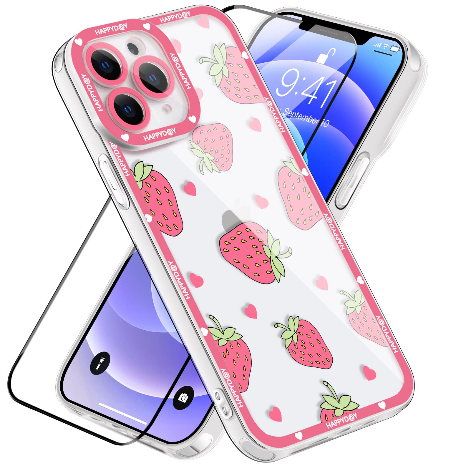 GULTMEE Cute Strawberry Soft TPU Shockproof iPhone 11 Pro Max Case (6.5 inch) with Tempered Glass Screen Protector - Protective Cover for Women & Girls, Perfect for Everyday Use, Travel & Work