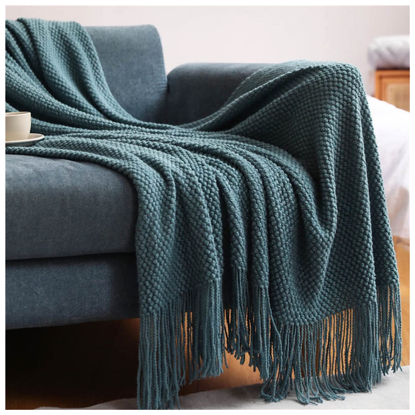 Premium Nordic Knitted Throw Blanket - Soft Plaid Blanket for Bed, Sofa & Travel - 130x170cm Cozy Blue D Blanket for Napping, TV Watching & Picnics