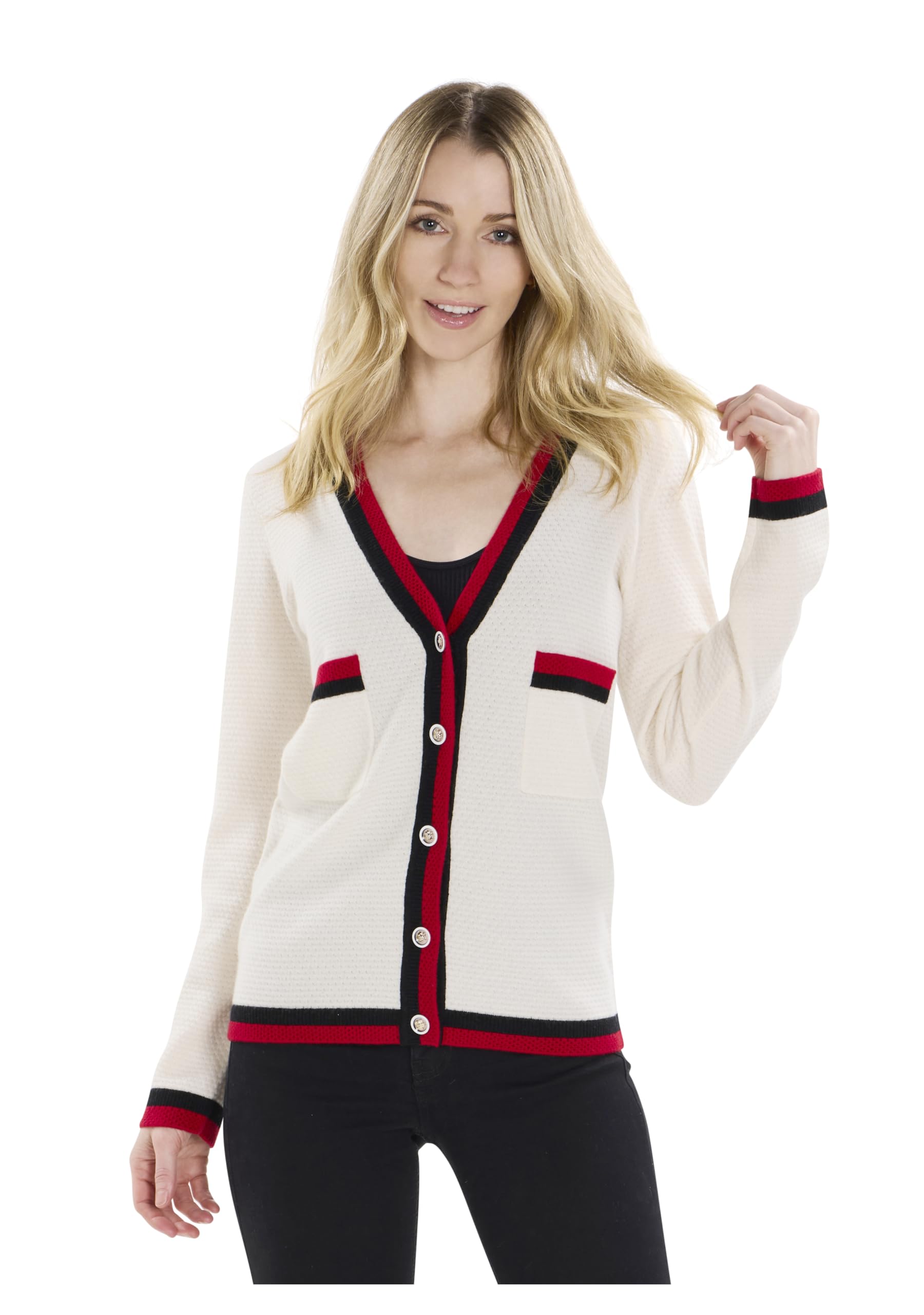 BEYOND FASHION 100% Pure Cashmere Women's V-Neck Button Front Cardigan Sweater - Perfect for Office, Date Night & Fall Layering