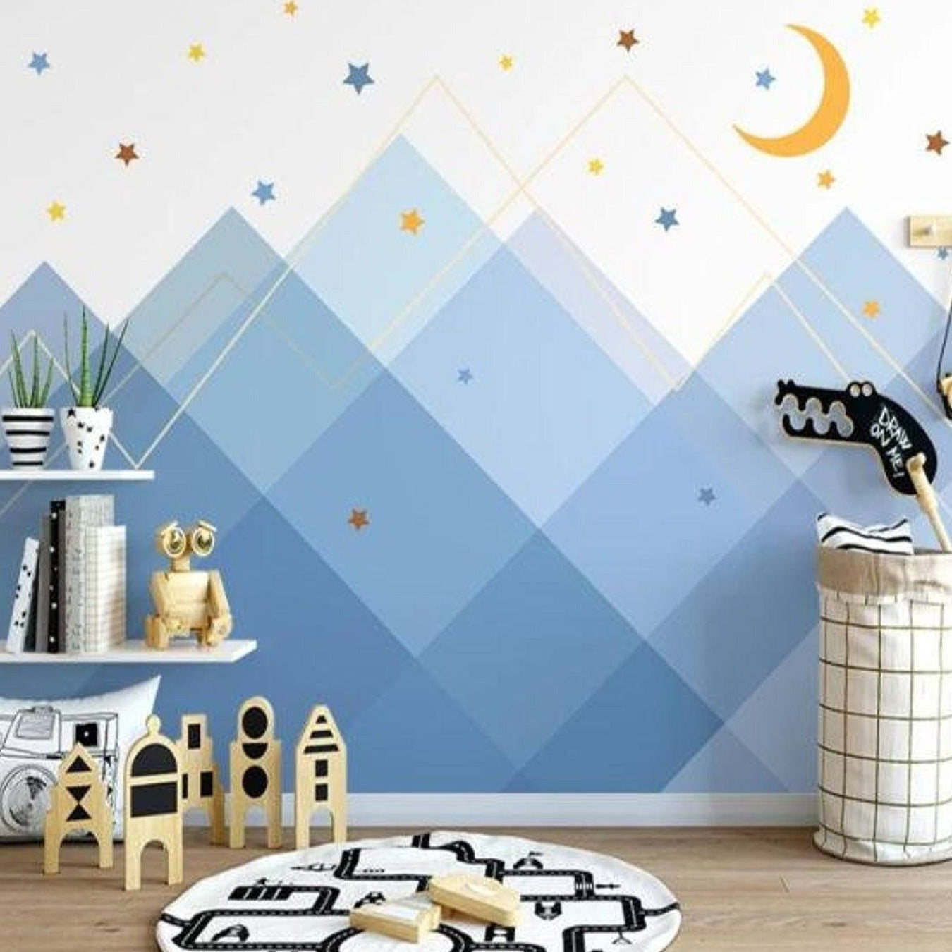 Mountain Stars Moon Landscape Wallpaper - Nature Themed Wall Decor for Bedroom, Living Room & Office - Perfect for Home, Nursery & Commercial Spaces