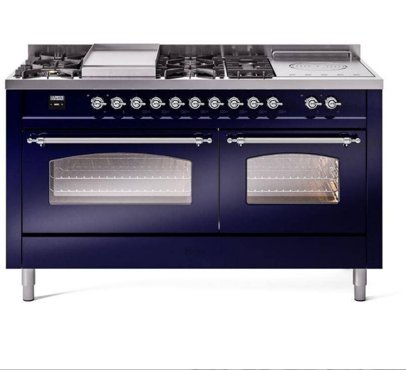 ILVE Nostalgie II 60-Inch Dual Fuel Range with Liquid Propane - Blue with Chrome Trim (UP60FSNMPMBCLP) | Professional Gas Stove for Home Kitchen & Restaurant Cooking
