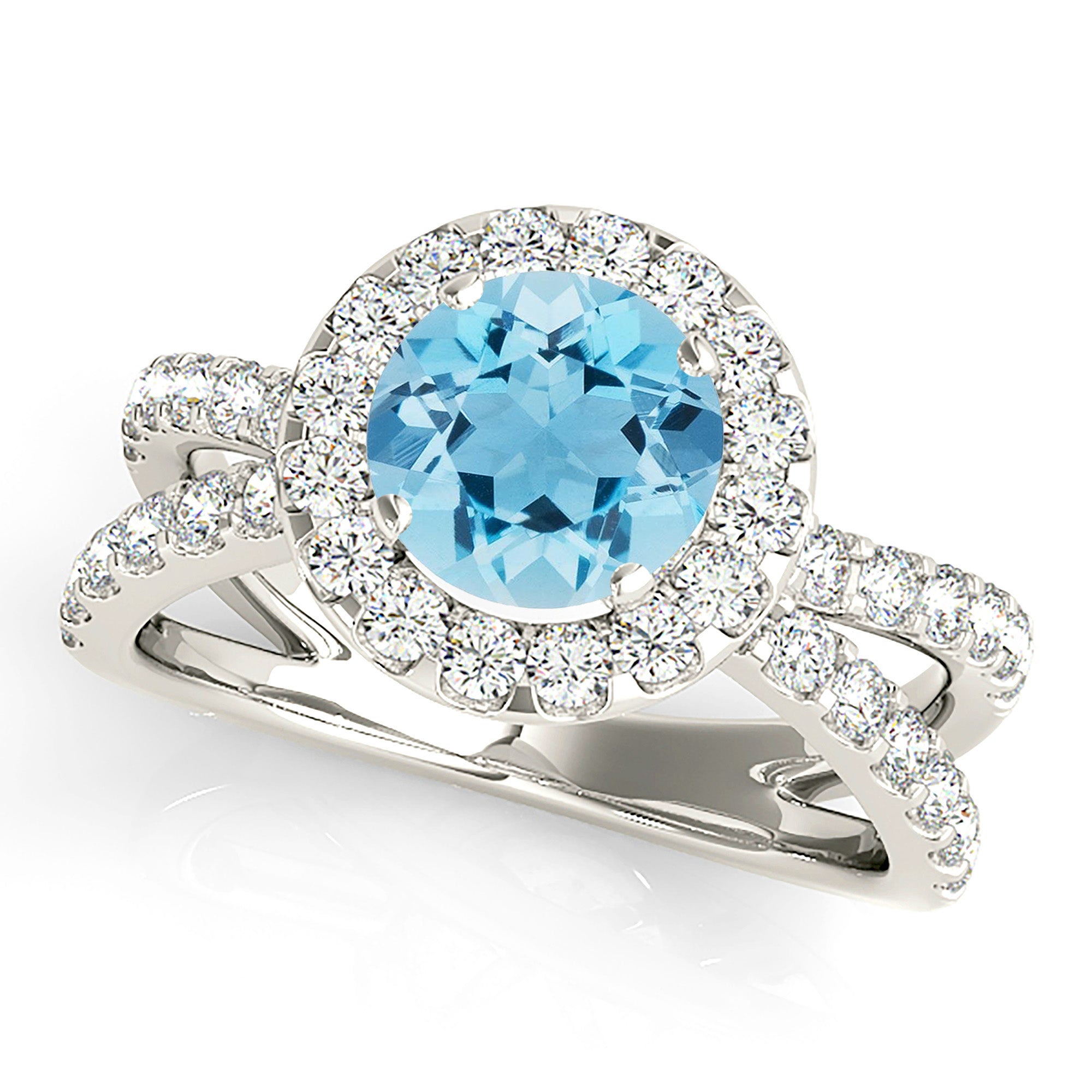 1.75 Carat Genuine Aquamarine Ring with Halo & Criss Cross Split Band - Elegant Wedding, Engagement & Anniversary Jewelry Gift for Women