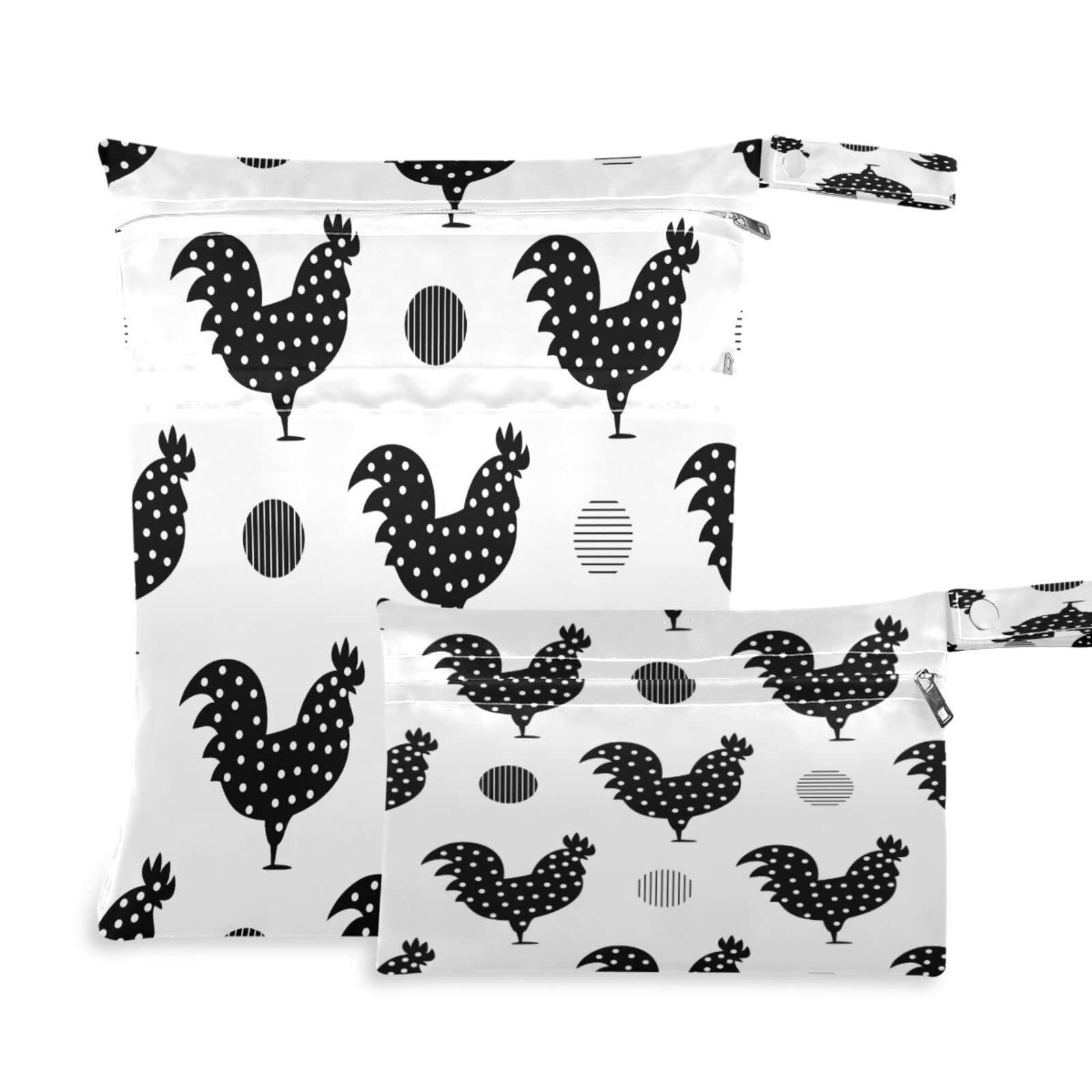 Black Rooster Farm Wet Dry Bag 2 Pack - Waterproof Reusable Zipper Pouch for Diapers, Swimsuits & Gym Clothes | Chicken Print Organizer for Travel, Beach & Toiletries | Perfect for Daycare, Pool & Sports Activities