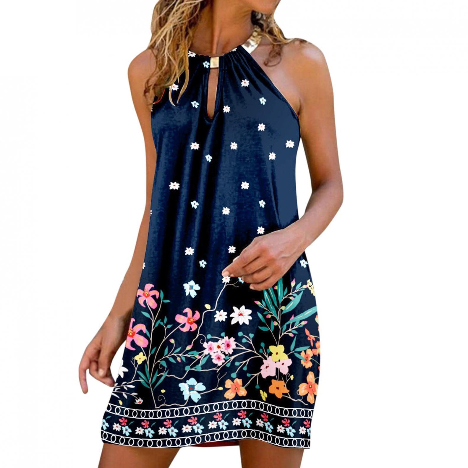 Women's Floral Summer Sundress - Sleeveless Swing Casual Dress with Metal Hanging Neck | Perfect for Beach Vacations, Pool Parties & Summer Outings