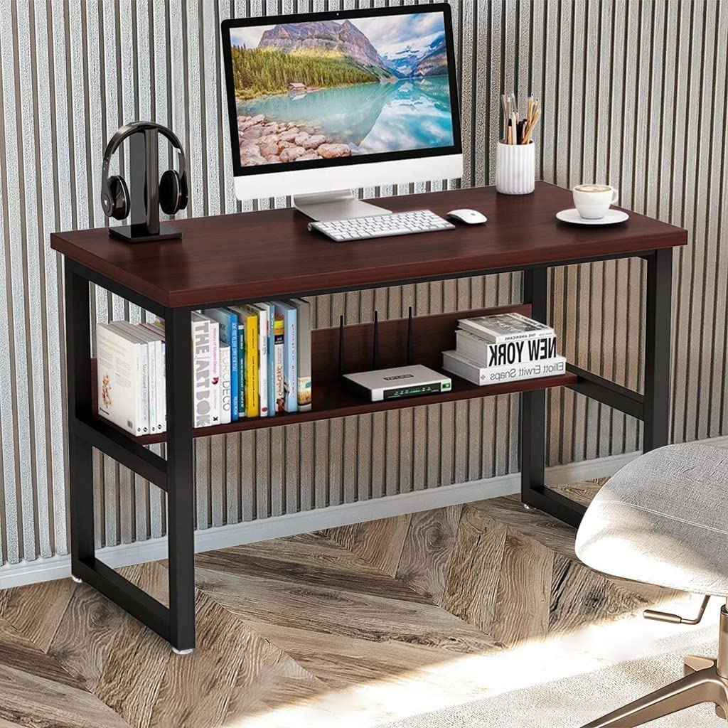 Pimea Home Office Computer Desk with Bookshelf & Storage Shelves - Modern Workstation PC Laptop Study Table for Small Spaces - Perfect for Home Office, Gaming Setup & Remote Work (Wine Finish)