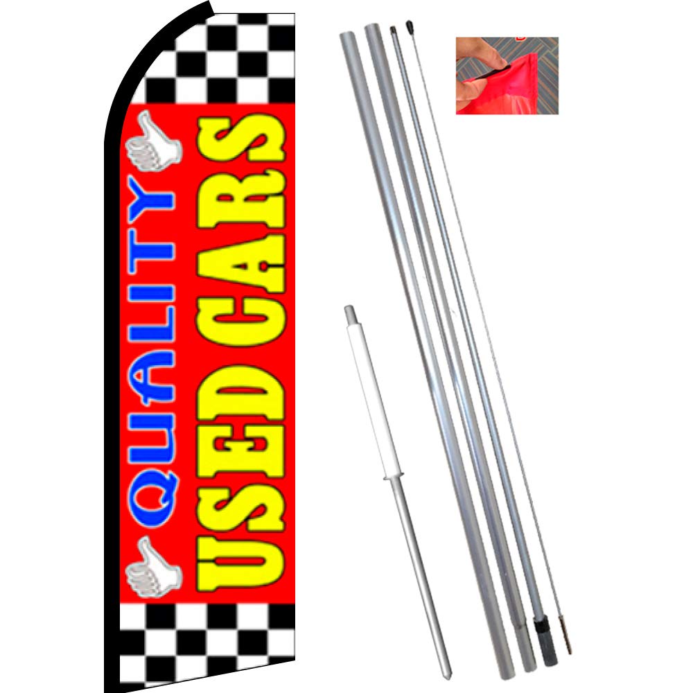 Premium Used Cars Feather Flag Bundle - 11.5' Red Checkered Flutter Flag with 15' Tall Flagpole & Ground Stake - Perfect for Car Dealerships, Auto Shows & Used Car Lot Advertising