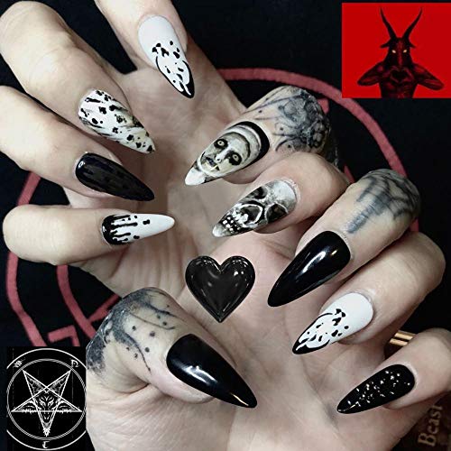 24Pcs Halloween Ghost Press On Nails - Waterproof Fake Nails with Marble Stone Design, Long Wear Full Cover False Nails for Women, Easy to Apply & Remove | Perfect for Halloween Parties, Cosplay & Costume Events