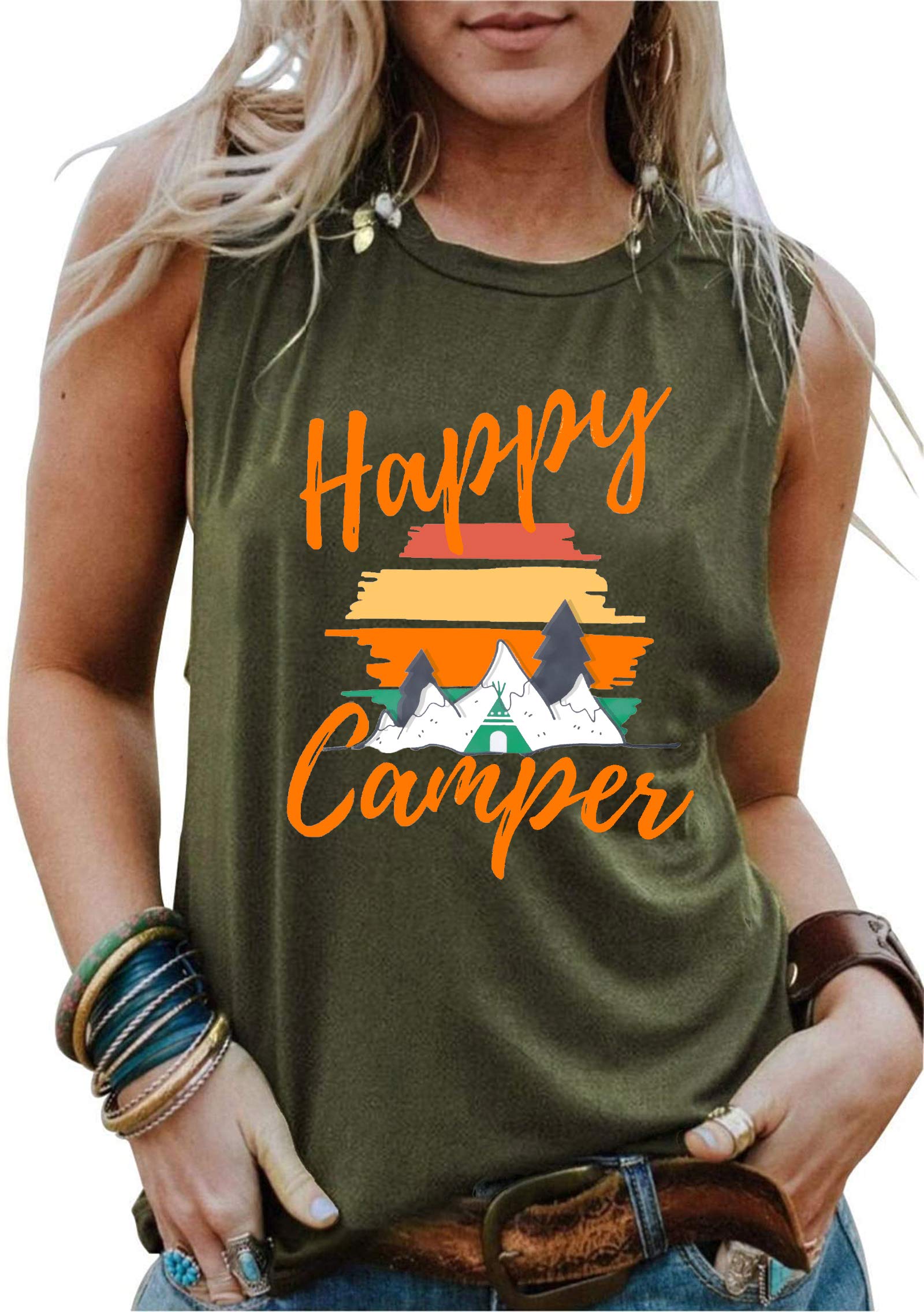 LAZYCHILD The Lake is My Happy Place Women's Sleeveless Graphic Tank Top - Summer Casual Cami Tee for Beach, Vacation & Outdoor Activities