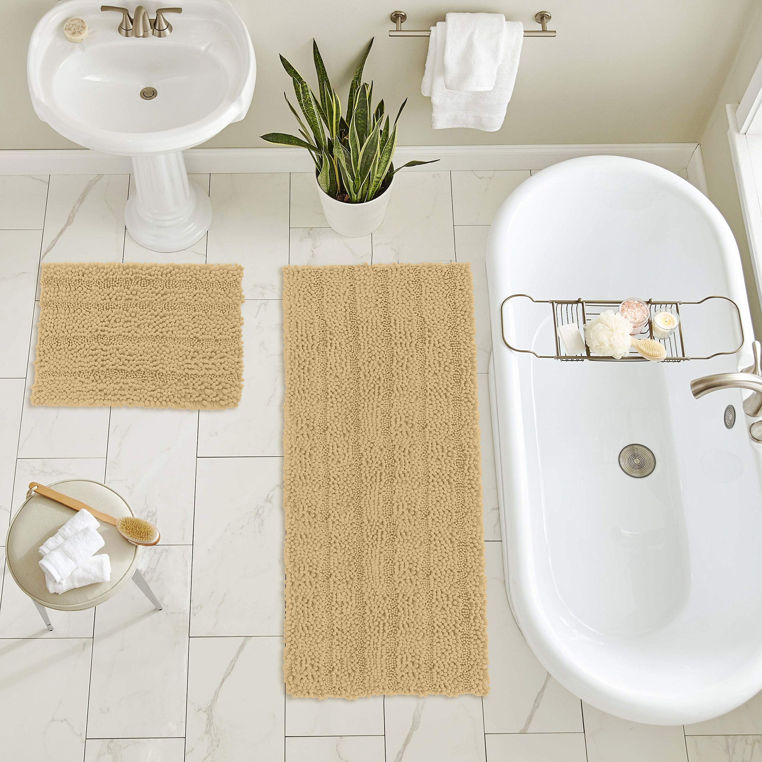 Premium Non-Slip Thick Shaggy Chenille Bathroom Rugs Set - Ultra Soft & Absorbent Striped Bath Mats for Bathroom, Indoor & Kitchen Use (15x24