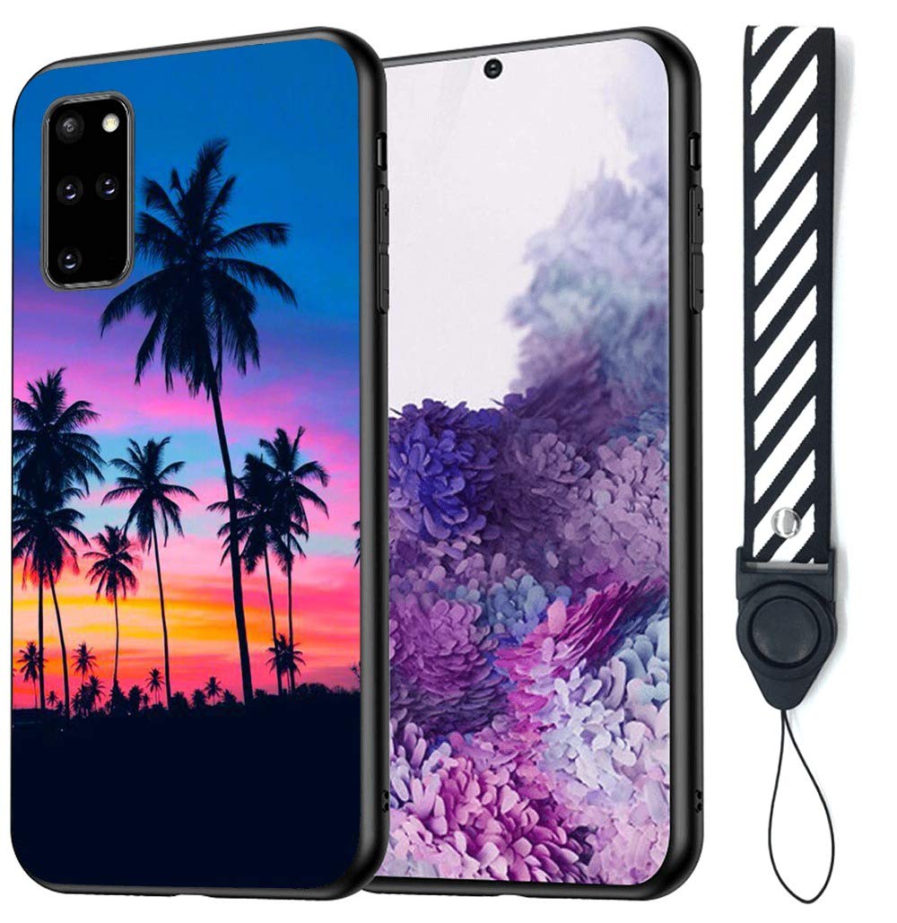 Premium Shockproof TPU Silicone Bumper Case for Samsung Galaxy S20 Plus - Tempered Glass Protection, Scratch-Resistant, Black Palm Tree Sunset Design - Perfect for Outdoor Adventures & Daily Protection