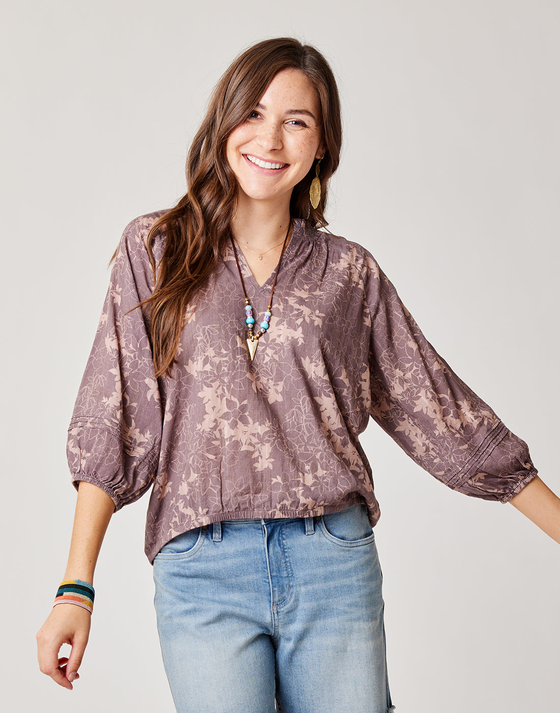 Camryn Top Women's Dark Fawn Floral Print Blouse - Elegant Flowy Shirt for Casual Wear, Office & Date Night Outfits