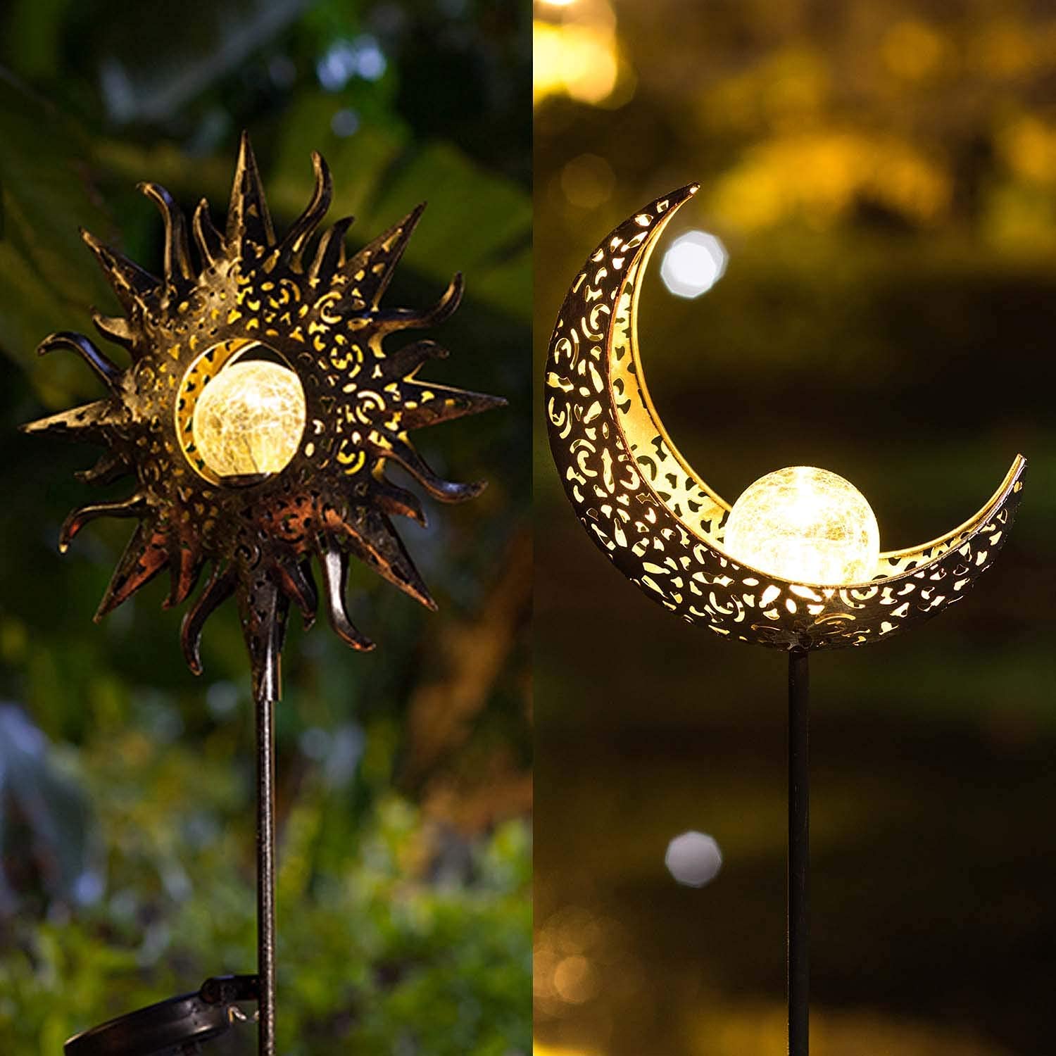 Solar Powered Moon and Sun Garden Lights - Waterproof Outdoor Stake Lights for Yard, Pathway, Patio Decor - Energy Efficient Landscape Lighting for Garden, Lawn, Backyard Decoration