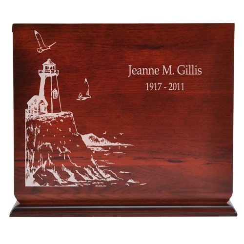 Cherry Finish Wooden Urn with Slide Top - Personalized Engraved Lighthouse Design for Ashes Keepsake | Memorial, Funeral, or Home Display