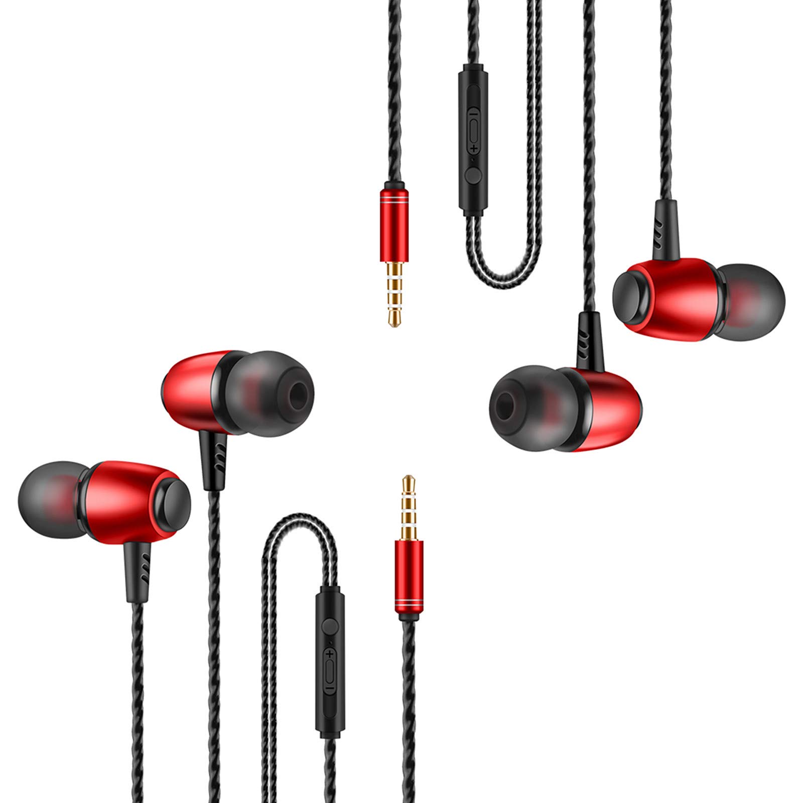 JacobsParts 2-Pack Noise Isolating In-Ear Headphones with Built-in Mic & Volume Control - Red | Perfect for Running, Gym Workouts & Commuting