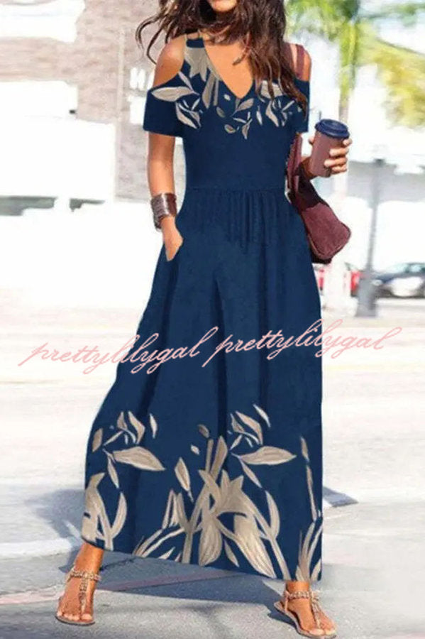 Ayden Women's Floral Print Cold Shoulder Pocketed Flared Maxi Dress - Elegant Summer Beach Wedding Party Outfit