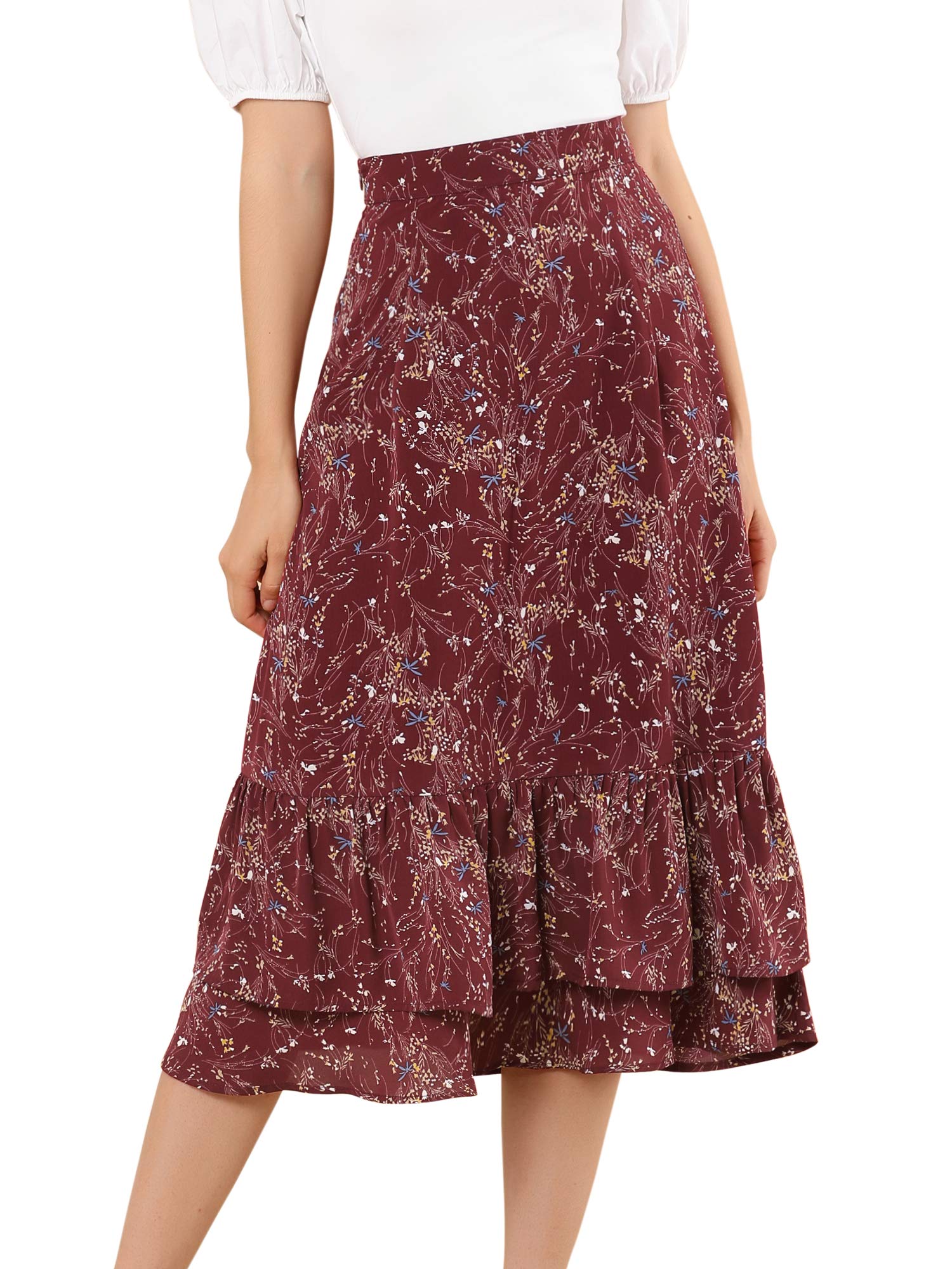 Allegra K Women's Printed Chiffon Midi Skirt - Elastic Waist, Ruffle Tiered Design for Spring & Summer 2025 | Trendy Flowy Skirt for Casual Outings, Beach Vacations & Date Nights