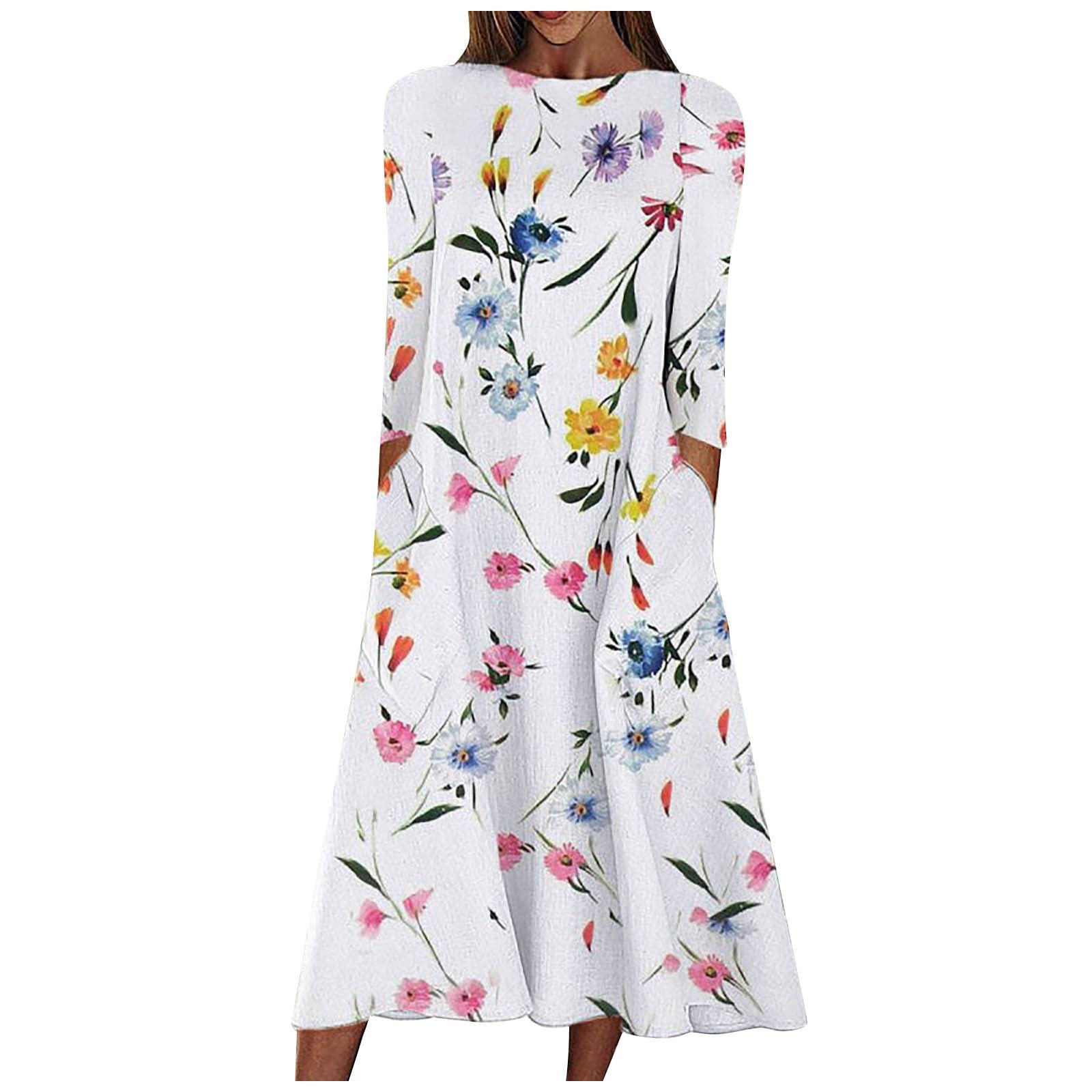 Women's Summer 3/4 Sleeve Casual Crew Neck Floral Print Midi Dress - Loose Fit Shirt Style Beach Dress with Pockets | Perfect for Vacation, Date Night & Outdoor Activities