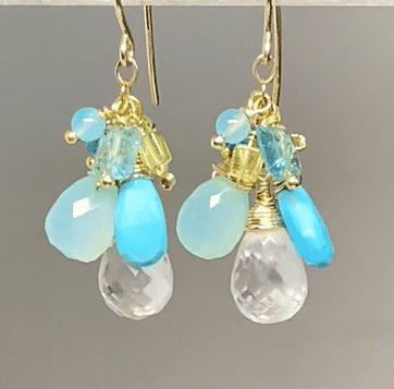 Aqua Gold Filled Dangle Earrings with Crystal Quartz & Turquoise Gemstones | Elegant Boho Jewelry for Women | Perfect for Parties, Weddings & Everyday Wear