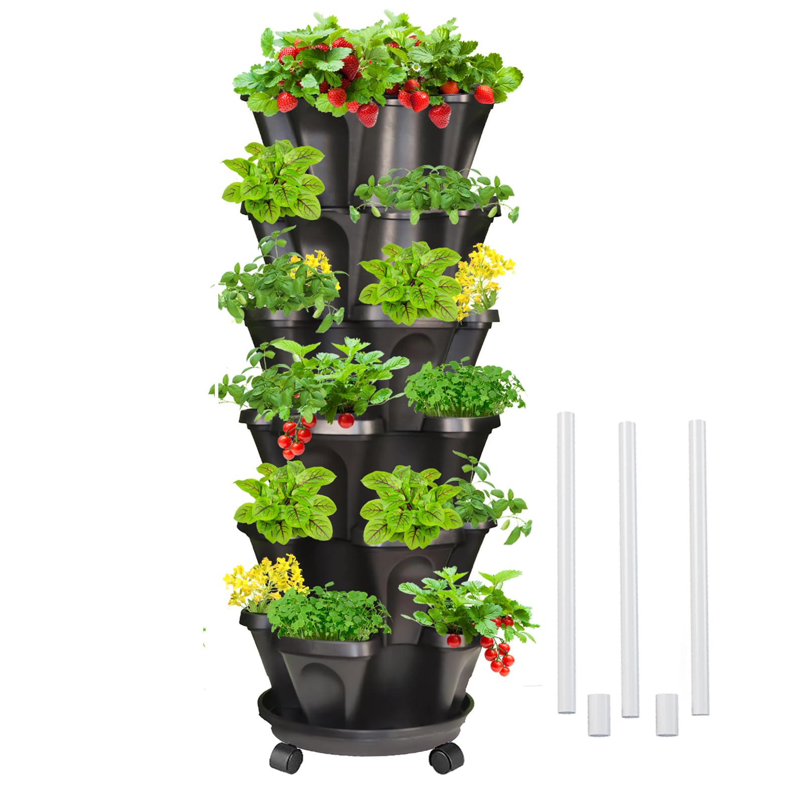 6 Tiered Strawberry Planter - Vertical Garden Tower with Support Pole | Stackable Herb & Vegetable Planter for Indoor/Outdoor Use | Perfect for Small Spaces, Balconies & Urban Gardening (Black)