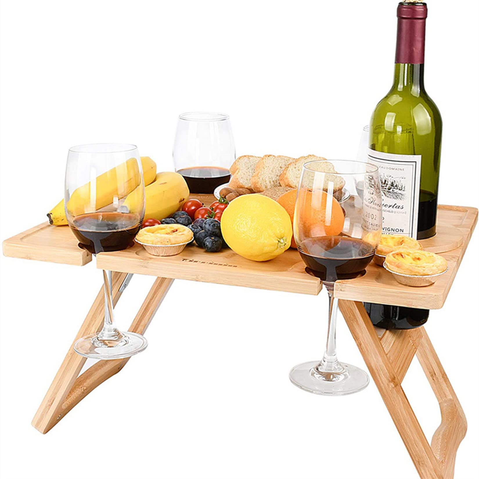 HLONGG 2-in-1 Wooden Folding Picnic Table with Wine Glass Holder - Portable Charcuterie Board for Cheese & Meat - Indoor Outdoor Dining & Entertaining - Perfect for Backyard, Camping, Beach & Parties (Beige)