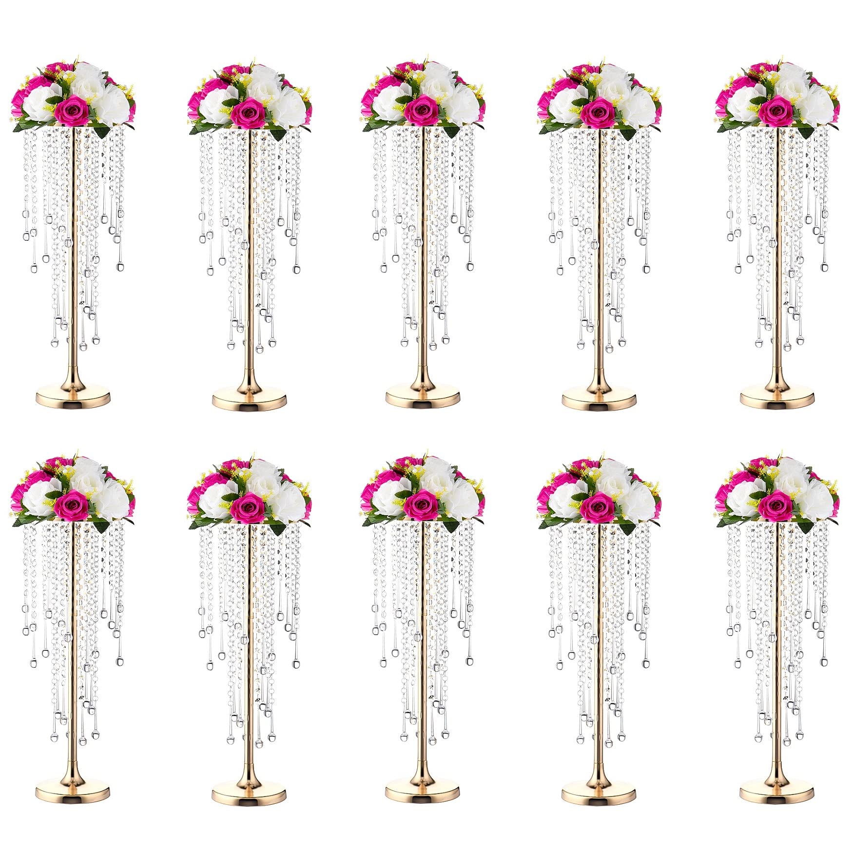 10 Pcs Gold Crystal Bead Flower Arrangement Stands - 21.6 Inch Elegant Vases for Centerpieces, Wedding, Anniversary & Home Party Decor - Perfect for Dining Table, Mantel & Event Displays