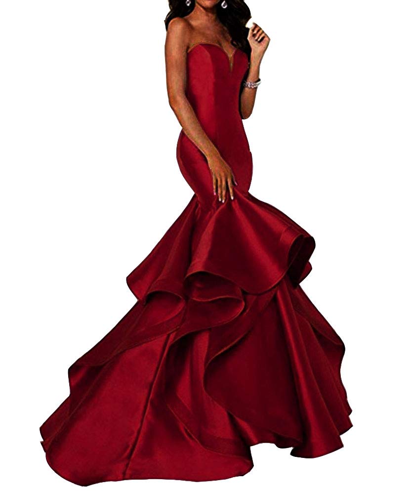 Elegant Women's Mermaid Satin Prom Dress with Sweetheart Neckline - Long Formal Evening Gown for Homecoming, Wedding Guest & Special Occasions - Crimson Red Party Dress