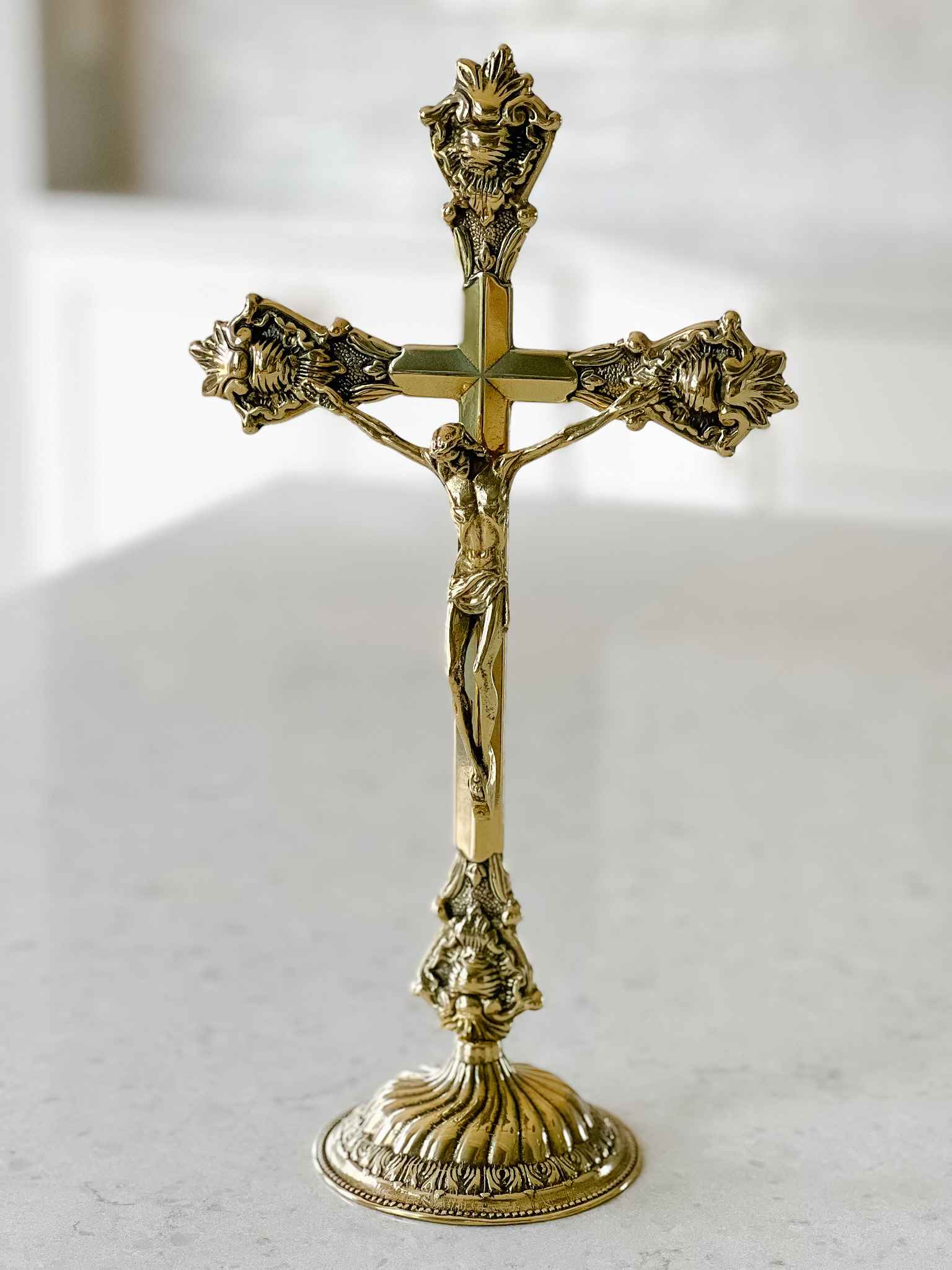 Standing Crucifix Grande - Polished Brass Religious Cross for Home Altar, Church Decor, and Prayer Spaces