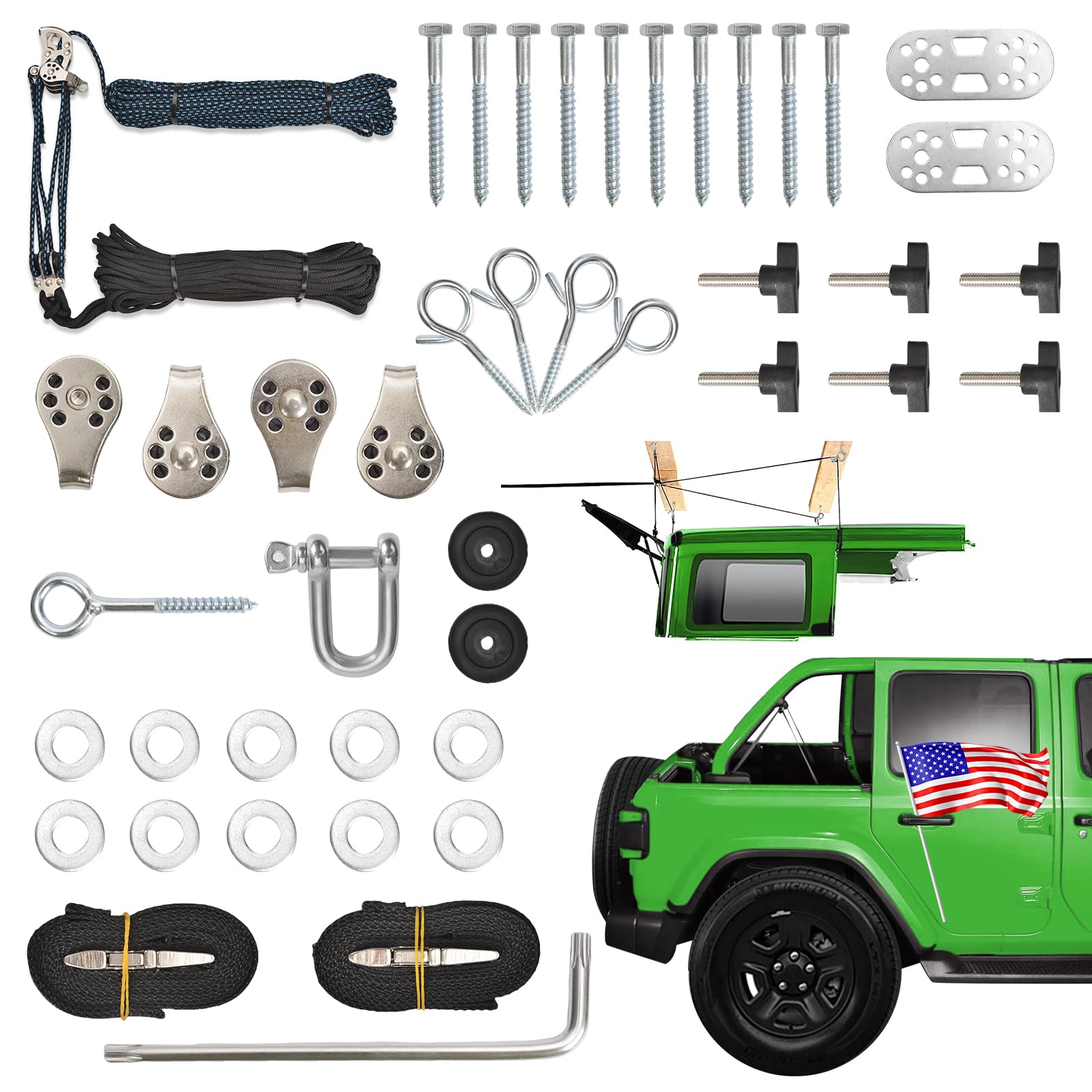 Jeep Hard Top Removal Lift for Ford Bronco & Jeep Wrangler JK JL Models - One-Person Hardtop Hoist with Anti-Drop Safety System - Fits 8-16 ft Ceilings - Includes 6 T Knobs - Perfect for Garage Storage & Off-Road Vehicle Maintenance