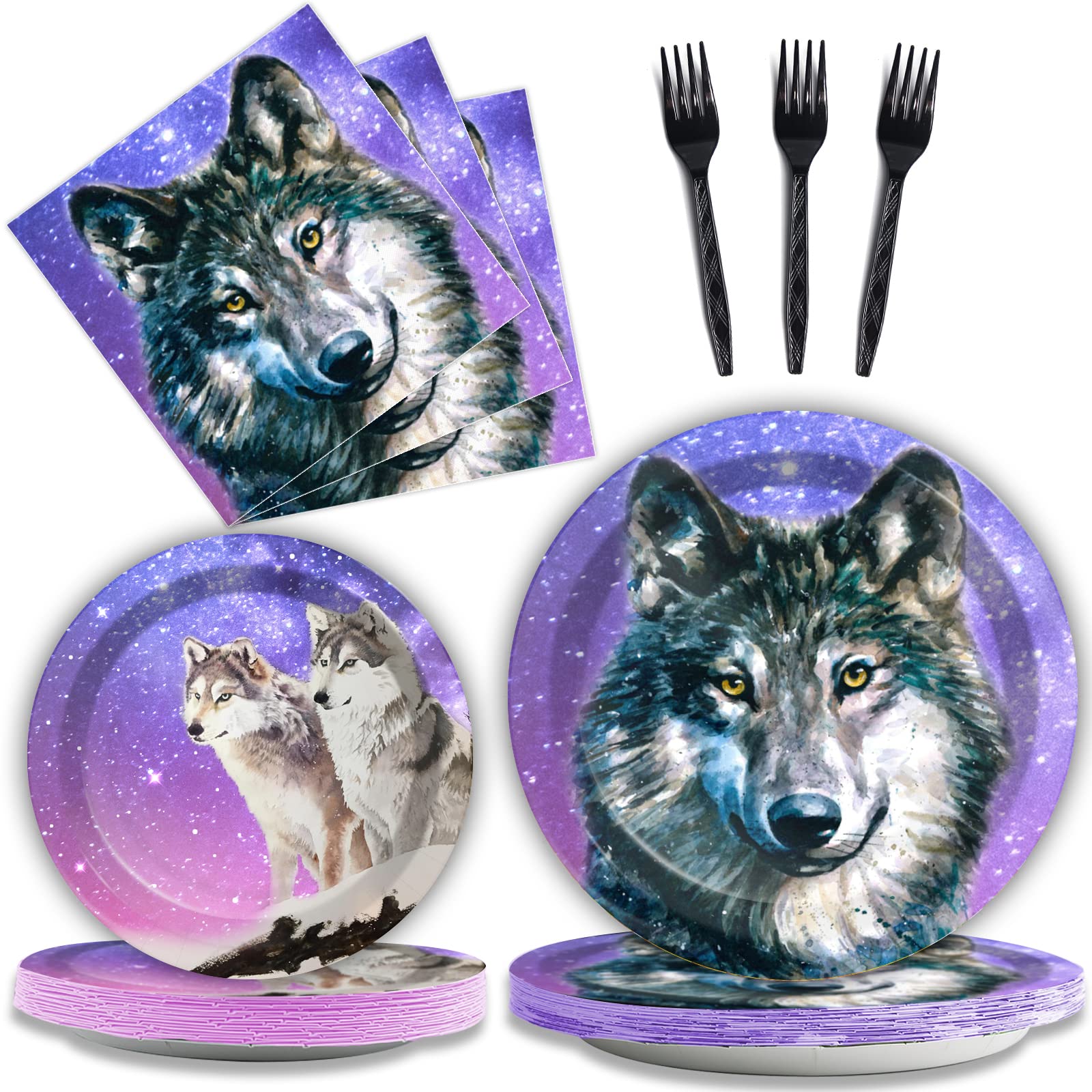 Wiooffen 96-Piece Wolf Themed Party Supplies Set - Disposable Plates, Napkins & Forks for Animal Birthday Decorations | Perfect for Boys, Girls Birthday Parties & Baby Showers (Serves 24 Guests) | Ideal for Jungle-Themed Events, Kids Celebrations & Outdoor Gatherings
