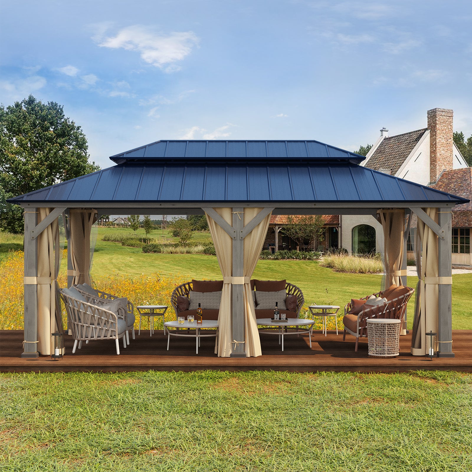 EROMMY 12' x 20' Cedar Hardtop Gazebo with Powder-Coated Metal Roof - Vintage Grey Outdoor Patio Canopy for Backyard, Garden & Poolside Relaxation