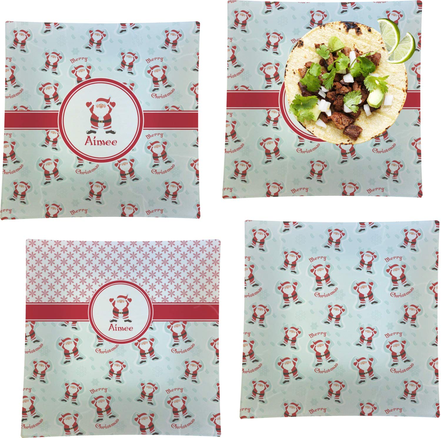 Custom Santa Clause Making Snow Angels Set of 4 Glass Square Plates - 9.5