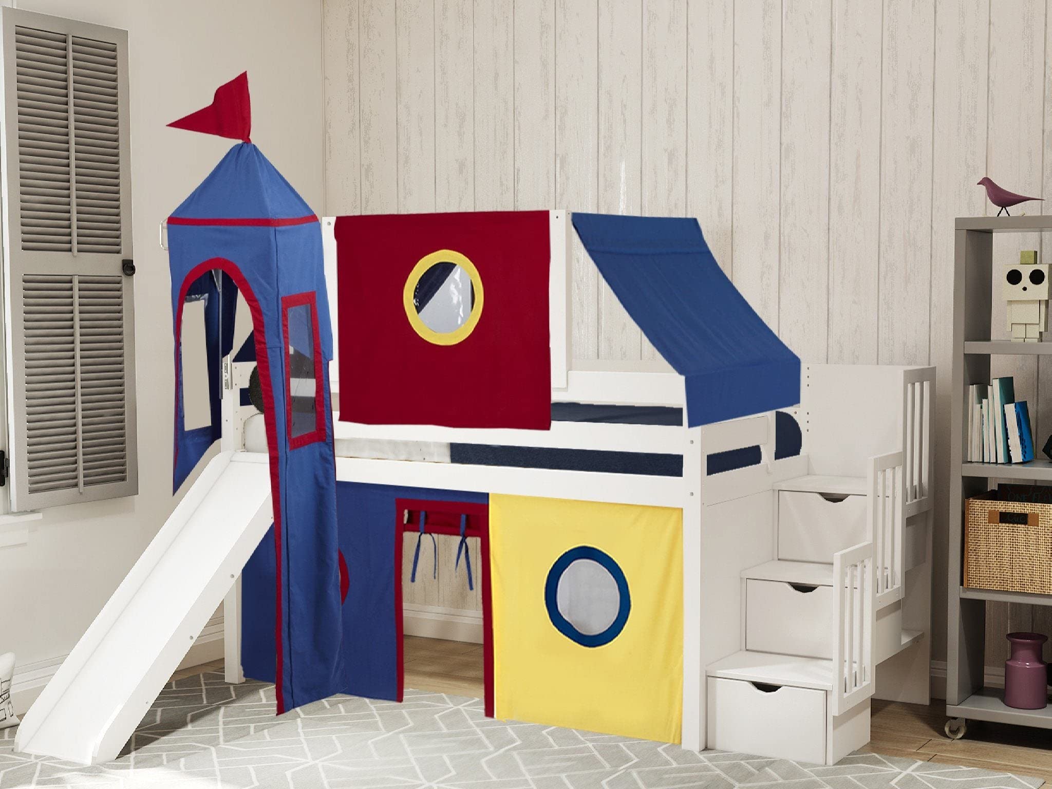 JACKPOT! White Twin Size Castle Low Loft Stairway Bed with Slide - Kids Playhouse Bed with Red & Blue Tent & Tower - Perfect for Small Bedrooms & Playrooms