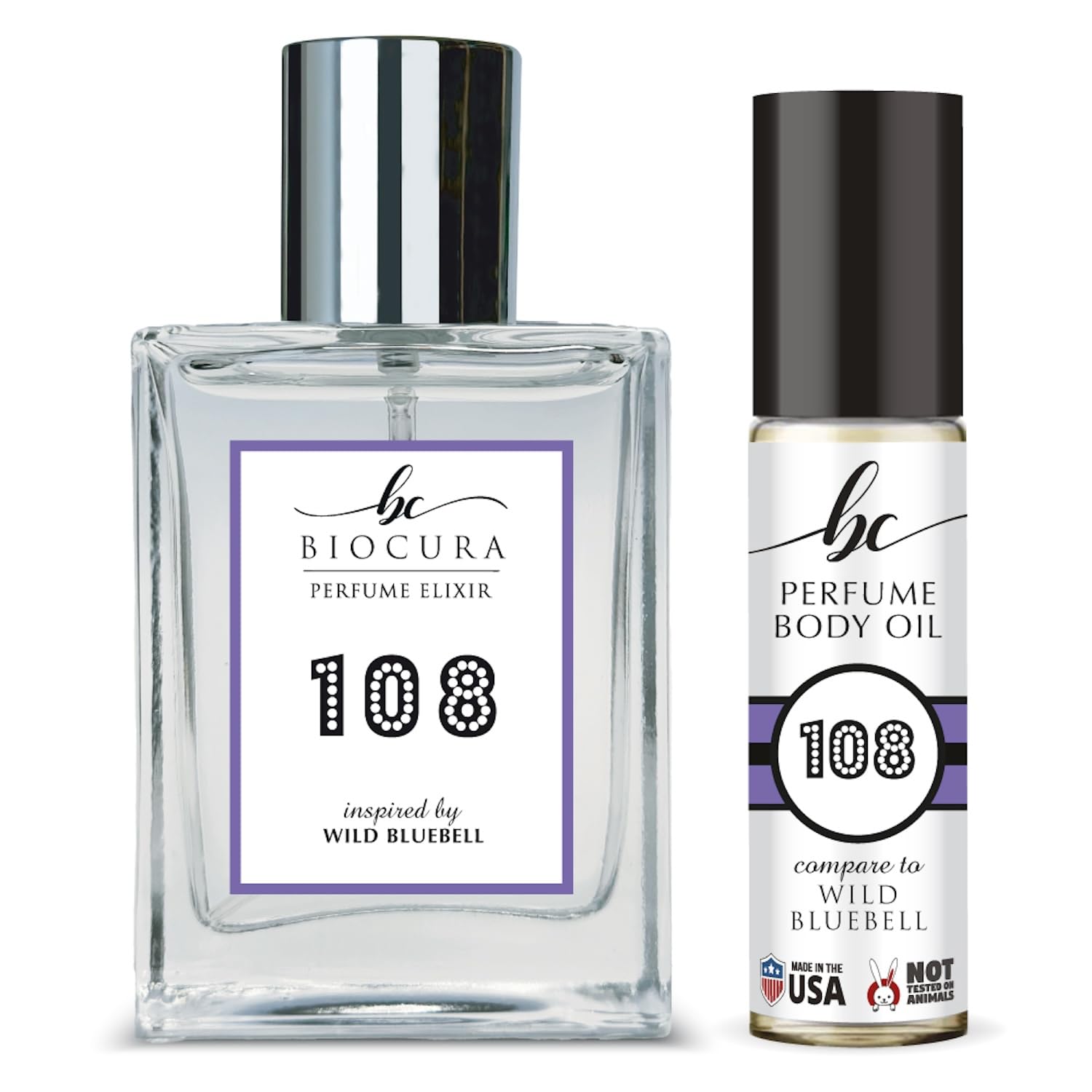 BC Perfume 108 Spray & Body Oil Set - Wild Bluebell Scent Travel Size Refillable Bottle, Long Lasting Fragrance for Women & Men (10ml + 50ml) - Perfect for Travel, Gifts & Daily Use