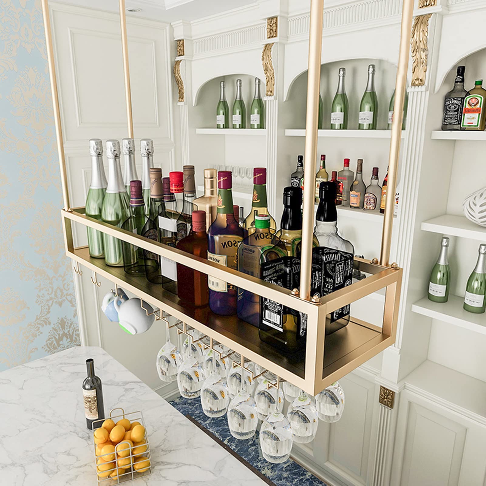 Hanging Wine Bottle Holder - Wall Mounted Metal Wine Rack for Stemware & Champagne Glasses Storage - Space Saving Bar Shelf for Kitchen, Restaurant & Home Decor (80x80cm) - Perfect for Wine Cellars, Dining Rooms & Entertaining Areas