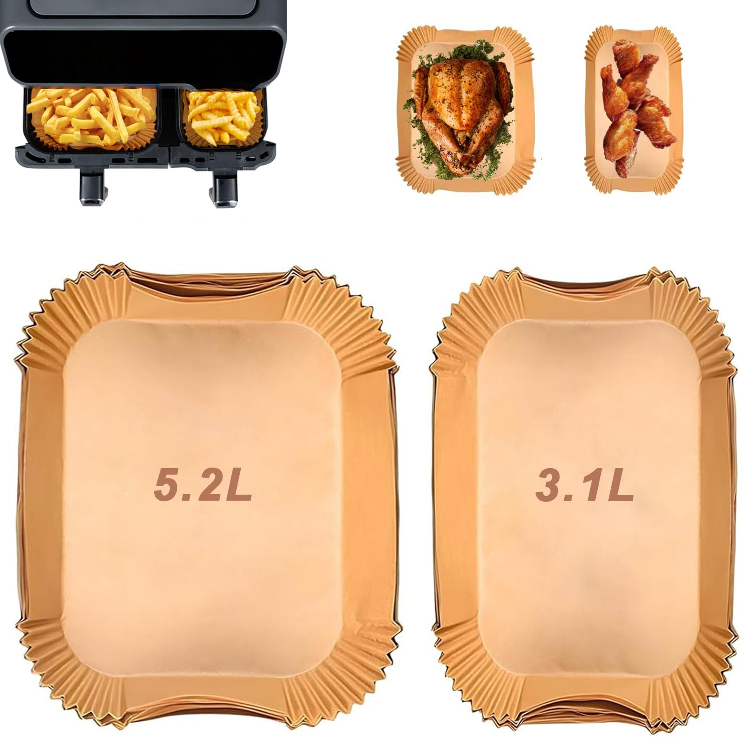 Non-Stick Parchment Paper for Air Fryer - 100pcs (50+50) Compatible with Moulinex EZ901820 5.2/3.1L, Philips Airfryer 3000 Series & Lakeland Tower Salter - Perfect for Baking, Roasting and Air Frying Healthy Meals