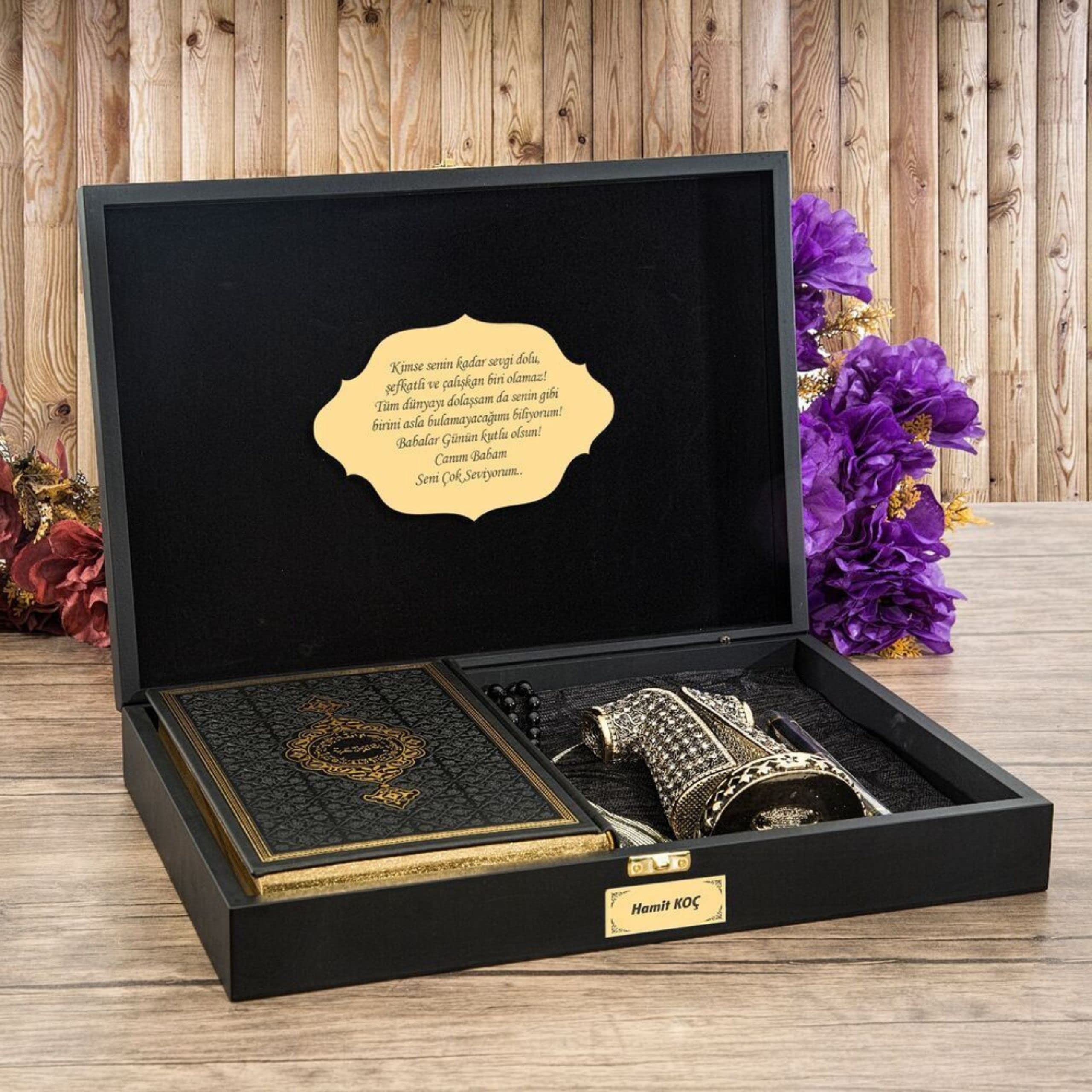 Premium Islamic Gift Set for Men - Quran, Figurine, Tasbih, Prayer Rug & Pen in Engraved Wooden Box | Muslim Birthday, Wedding, Graduation Present | Eid & Ramadan Gift Idea | Perfect for Daily Prayers & Religious Ceremonies